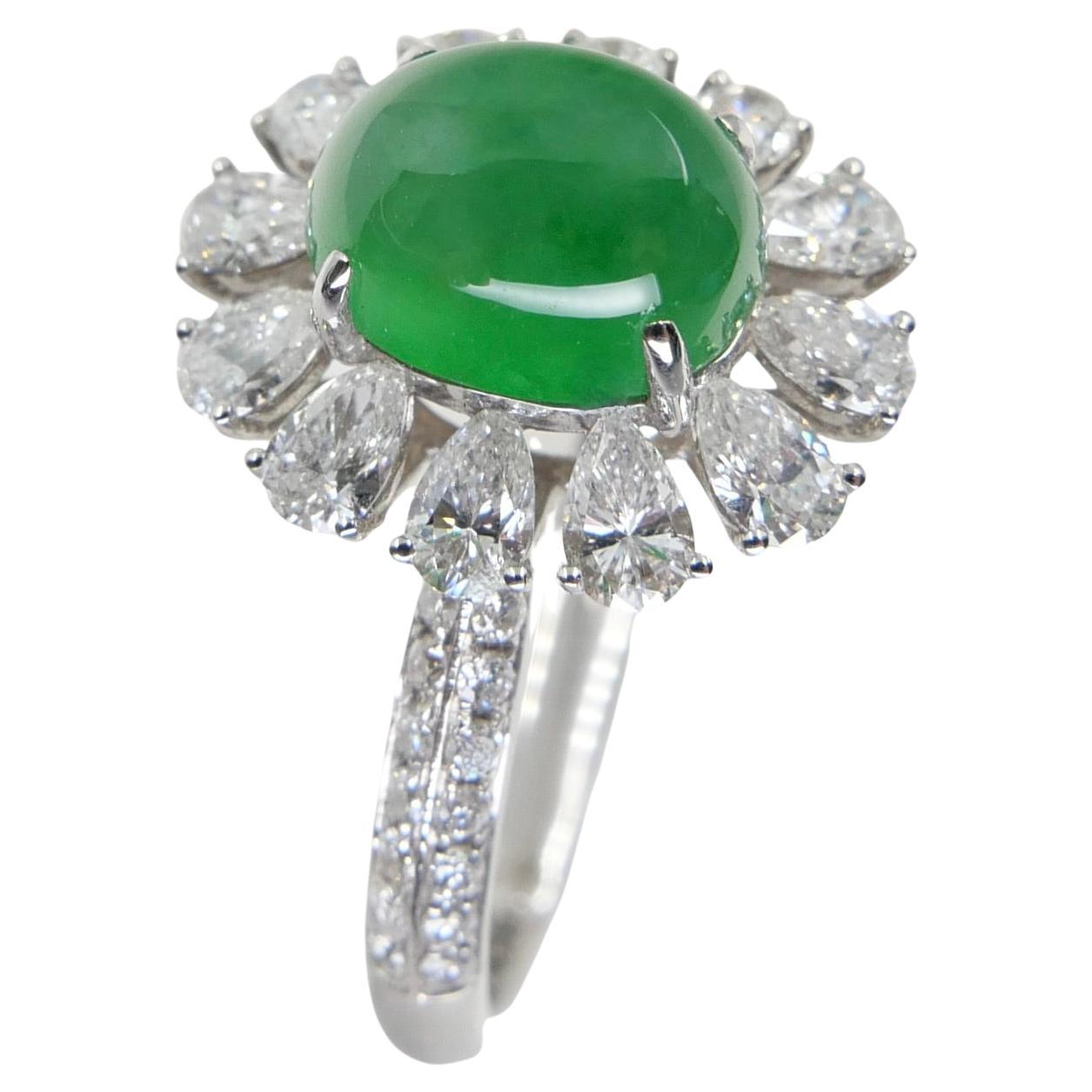 Contemporary Certified Natural Type A Jadeite Jade & Diamond Cocktail Ring, Apple Green Color For Sale