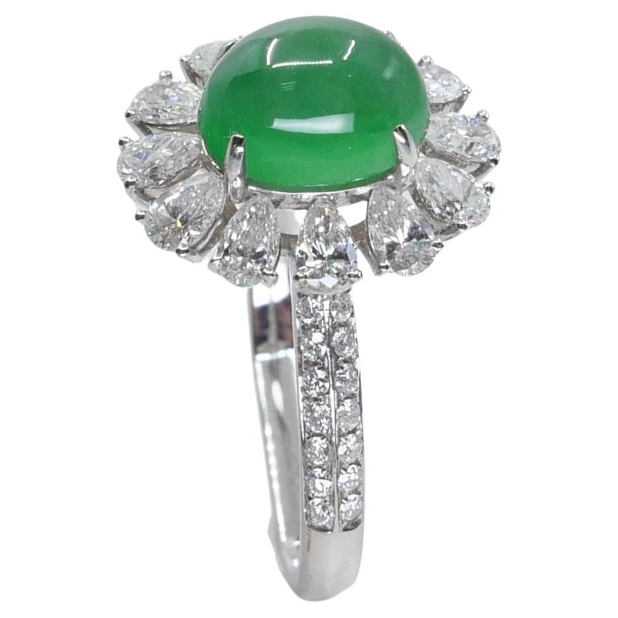 Certified Natural Type A Jadeite Jade & Diamond Cocktail Ring, Apple Green Color For Sale