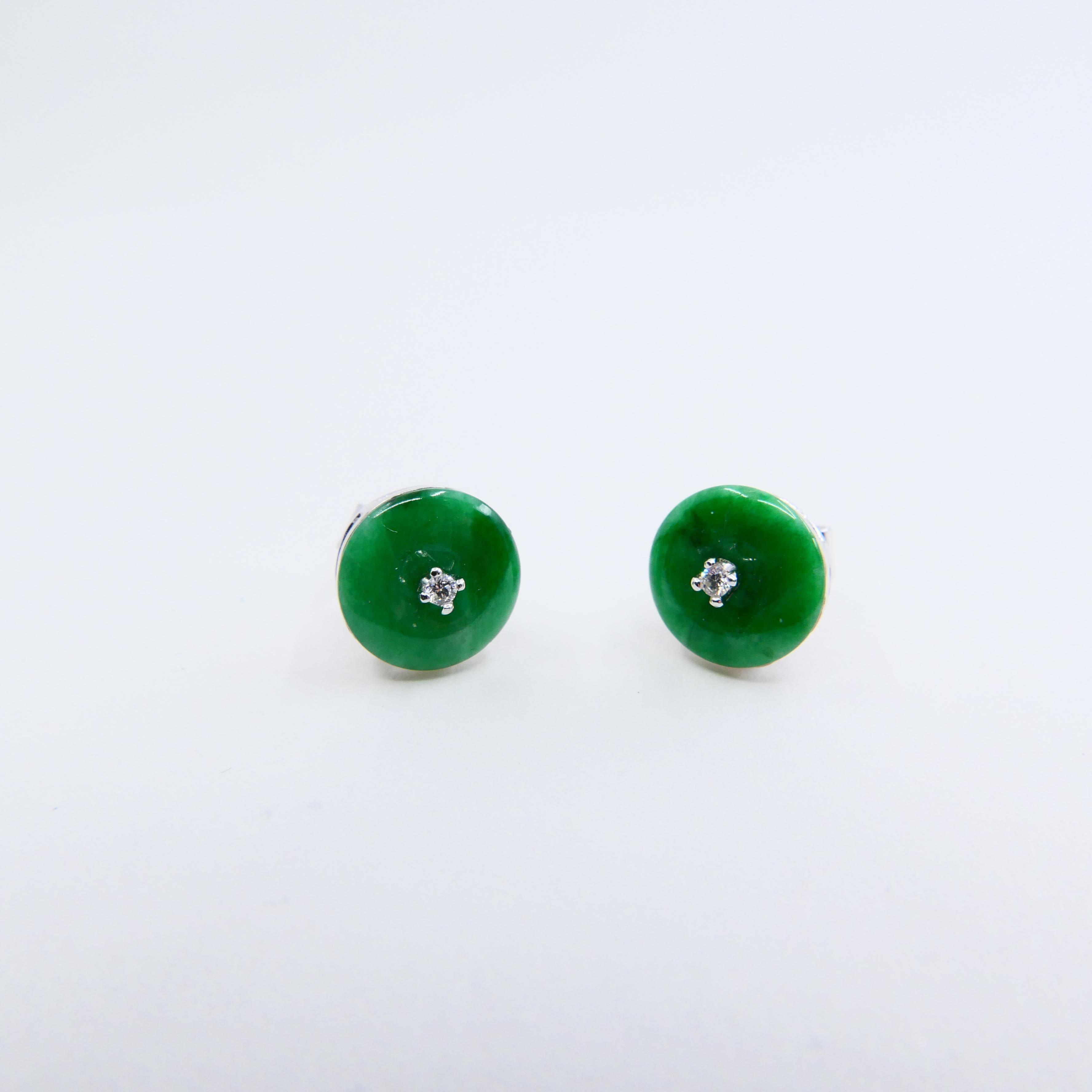 Round Cut Certified Natural Type A Jadeite Jade and Diamond Earrings, Spinach Green