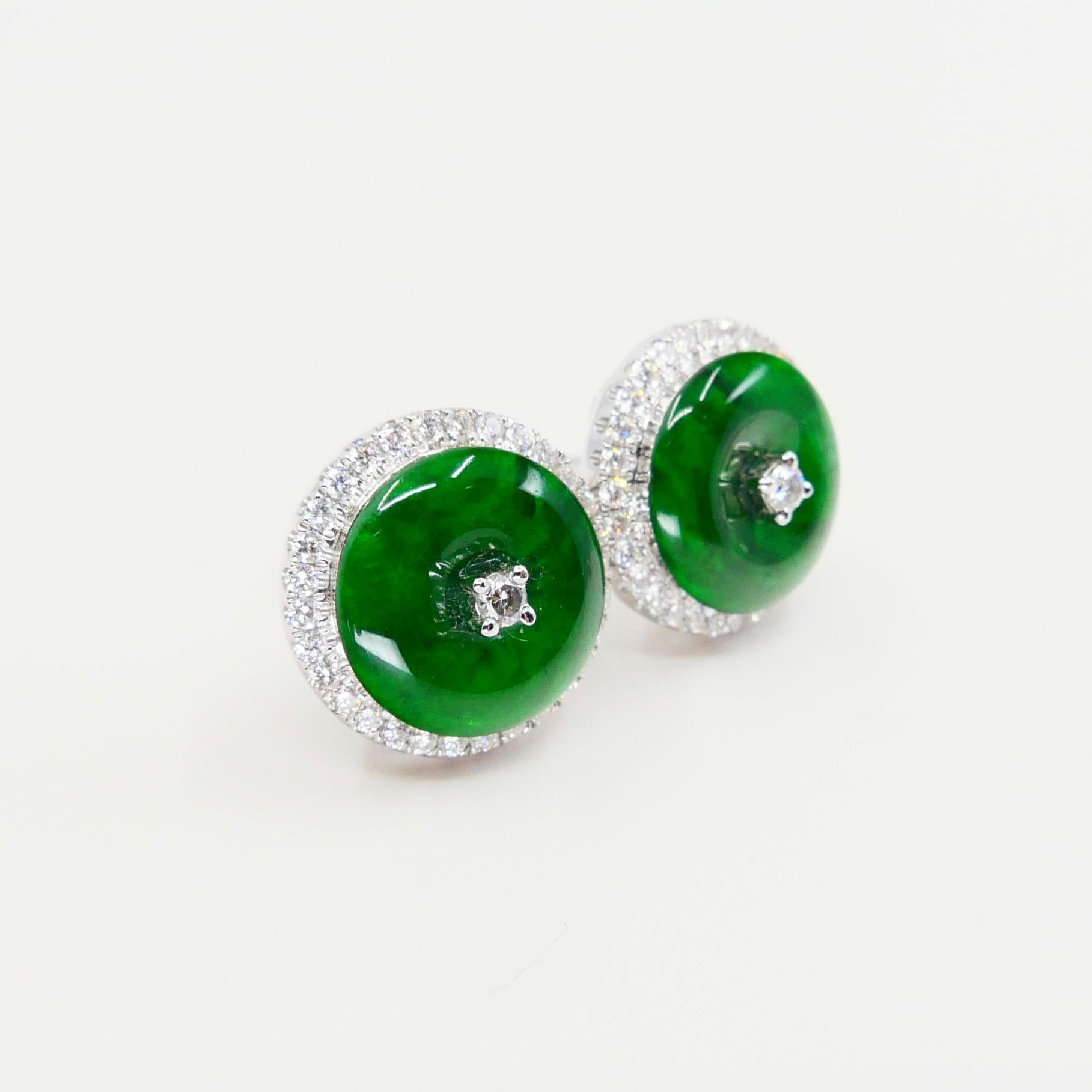 Certified Natural Type A Jadeite Jade and Diamond Earrings, Spinach Green Color 3