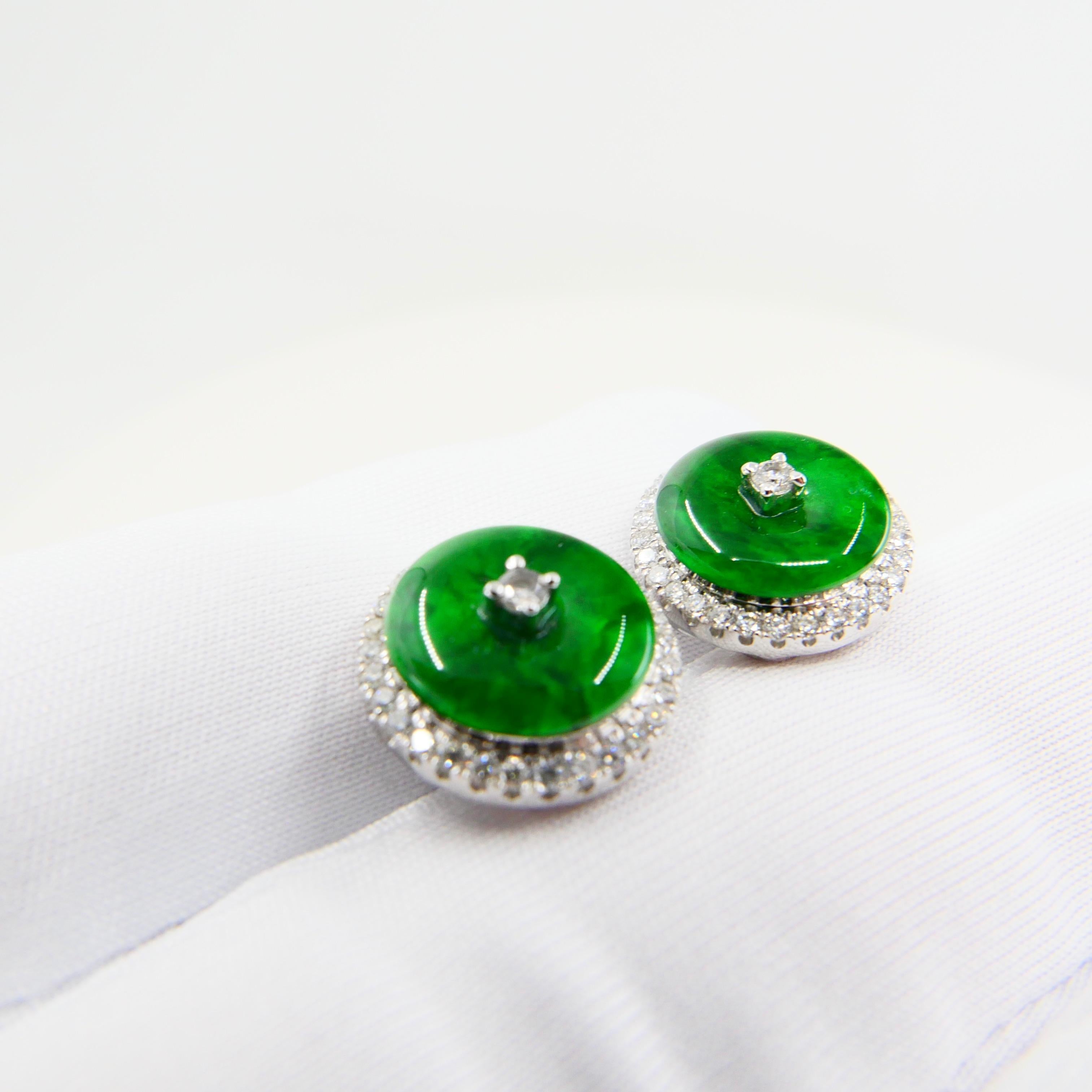 Certified Natural Type A Jadeite Jade and Diamond Earrings, Spinach Green Color 4