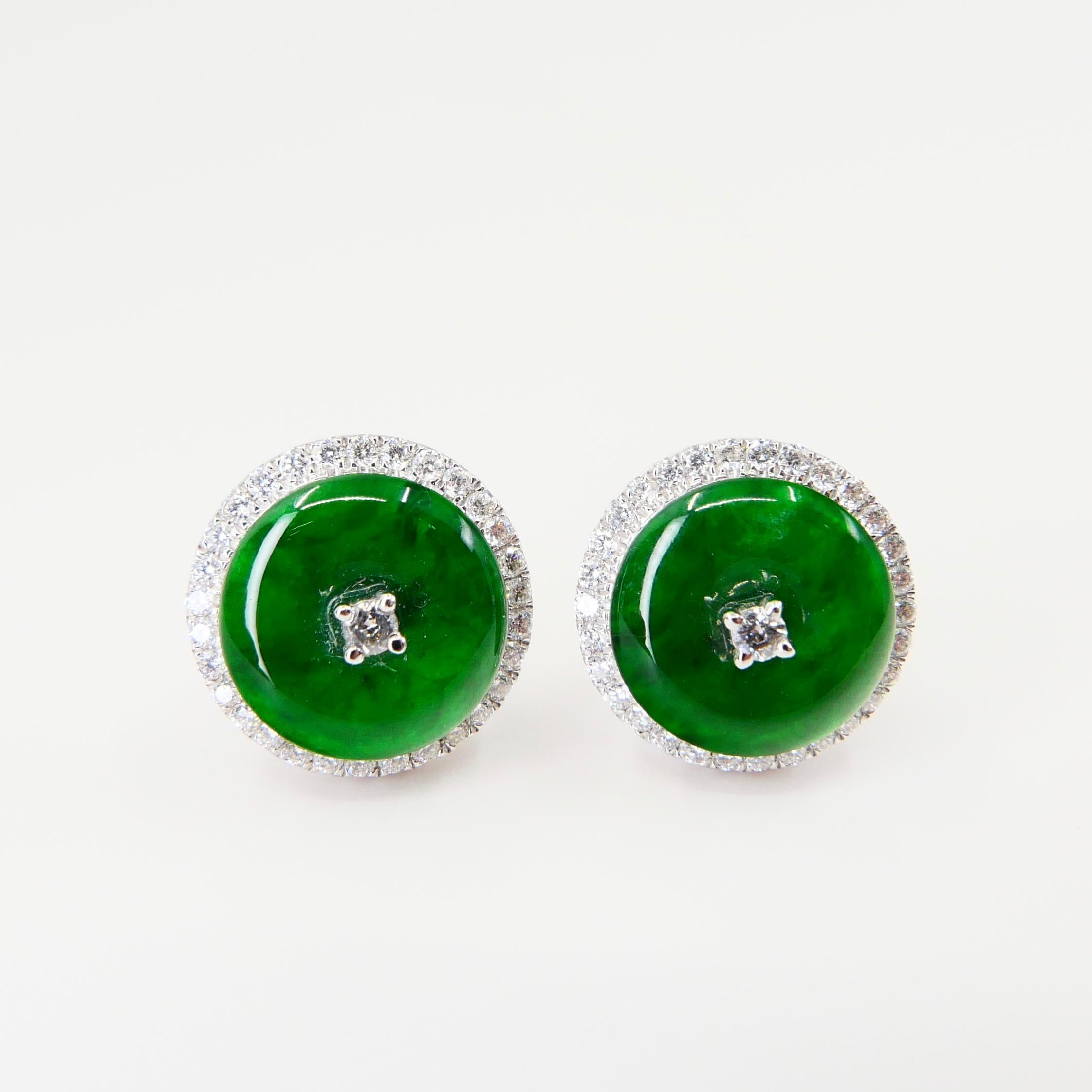 Certified Natural Type A Jadeite Jade and Diamond Earrings, Spinach Green Color In New Condition In Hong Kong, HK