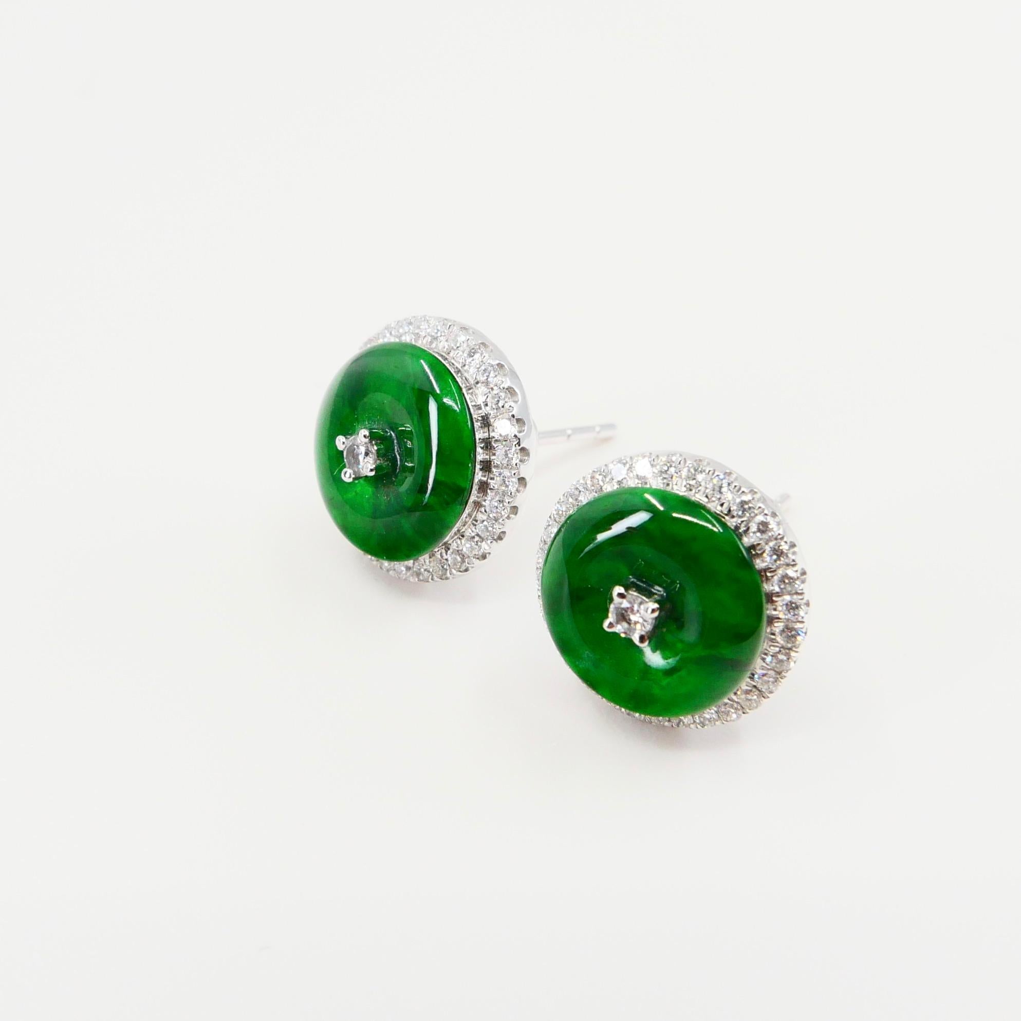 Certified Natural Type A Jadeite Jade and Diamond Earrings, Spinach Green Color 1