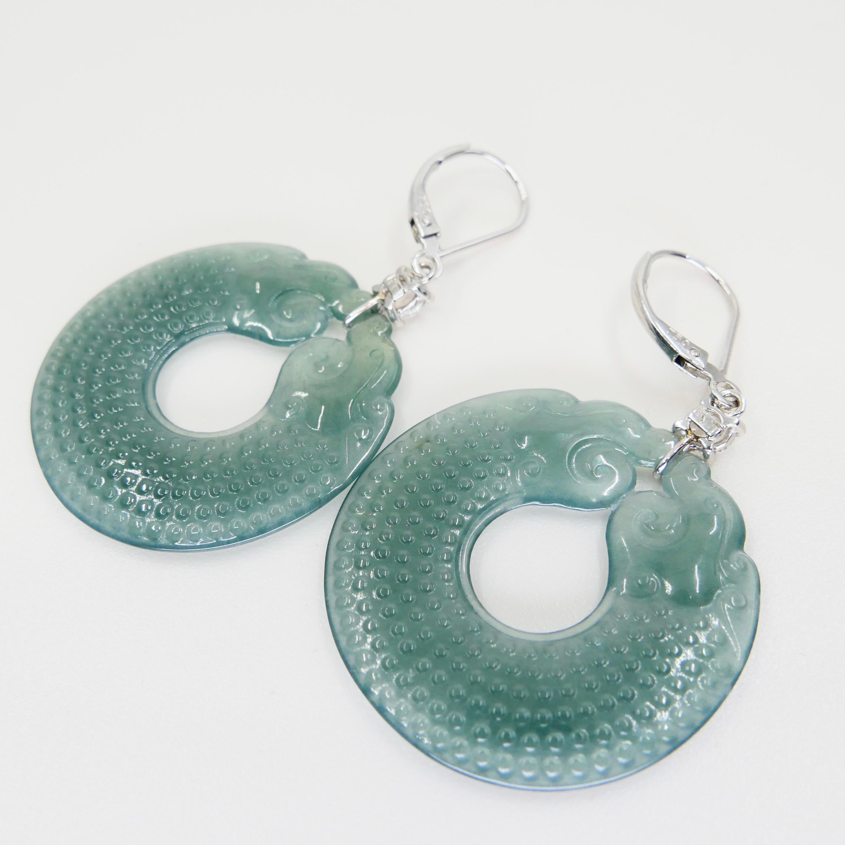 Certified Natural Type A Jadeite Jade Dragon Disc & Rose Cut Diamond Earrings For Sale 4