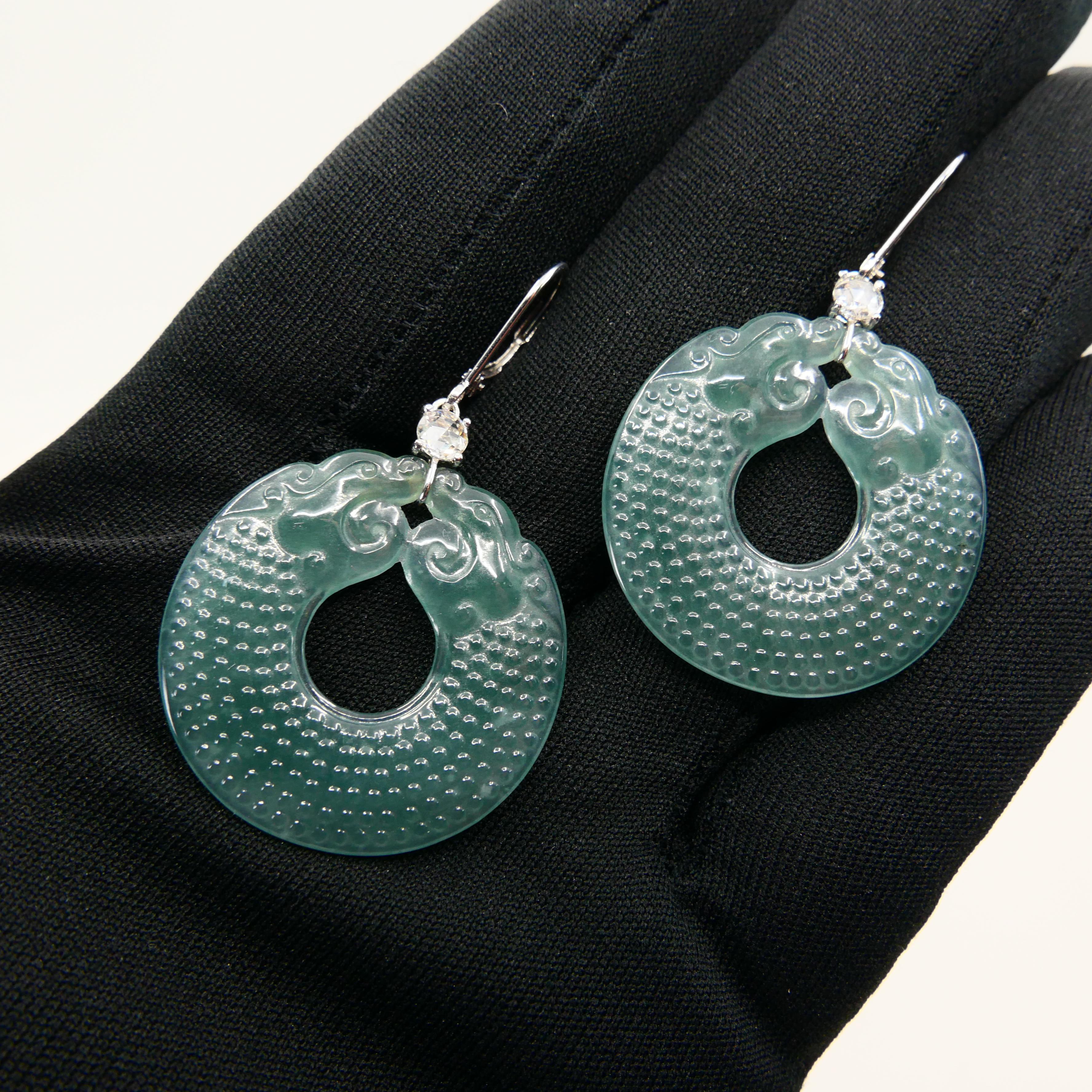 Certified Natural Type A Jadeite Jade Dragon Disc & Rose Cut Diamond Earrings In New Condition For Sale In Hong Kong, HK