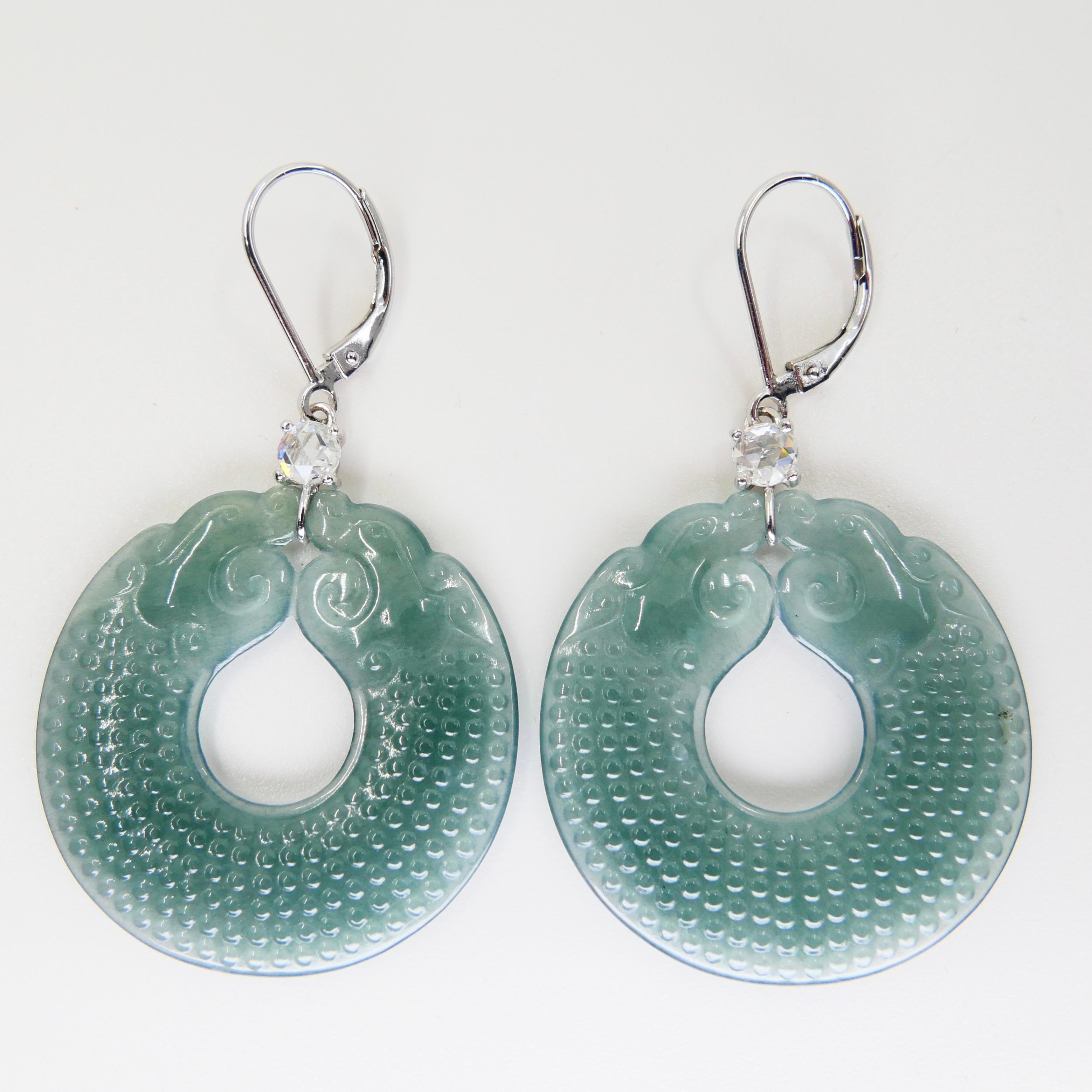 Women's Certified Natural Type A Jadeite Jade Dragon Disc & Rose Cut Diamond Earrings For Sale