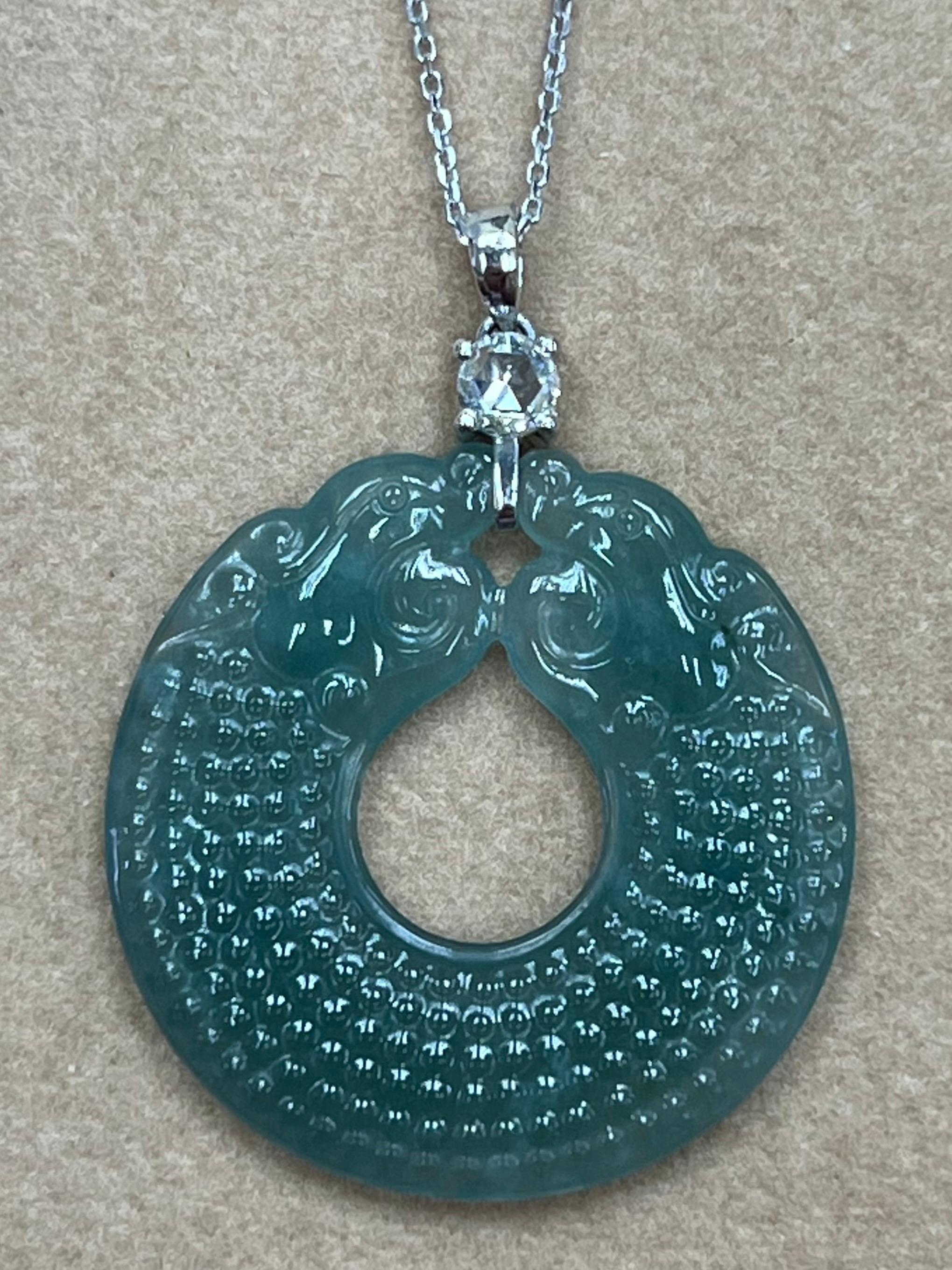 Certified Natural Type A Jadeite Jade Dragon Disc & Rose Cut Diamond Pendant For Sale 4