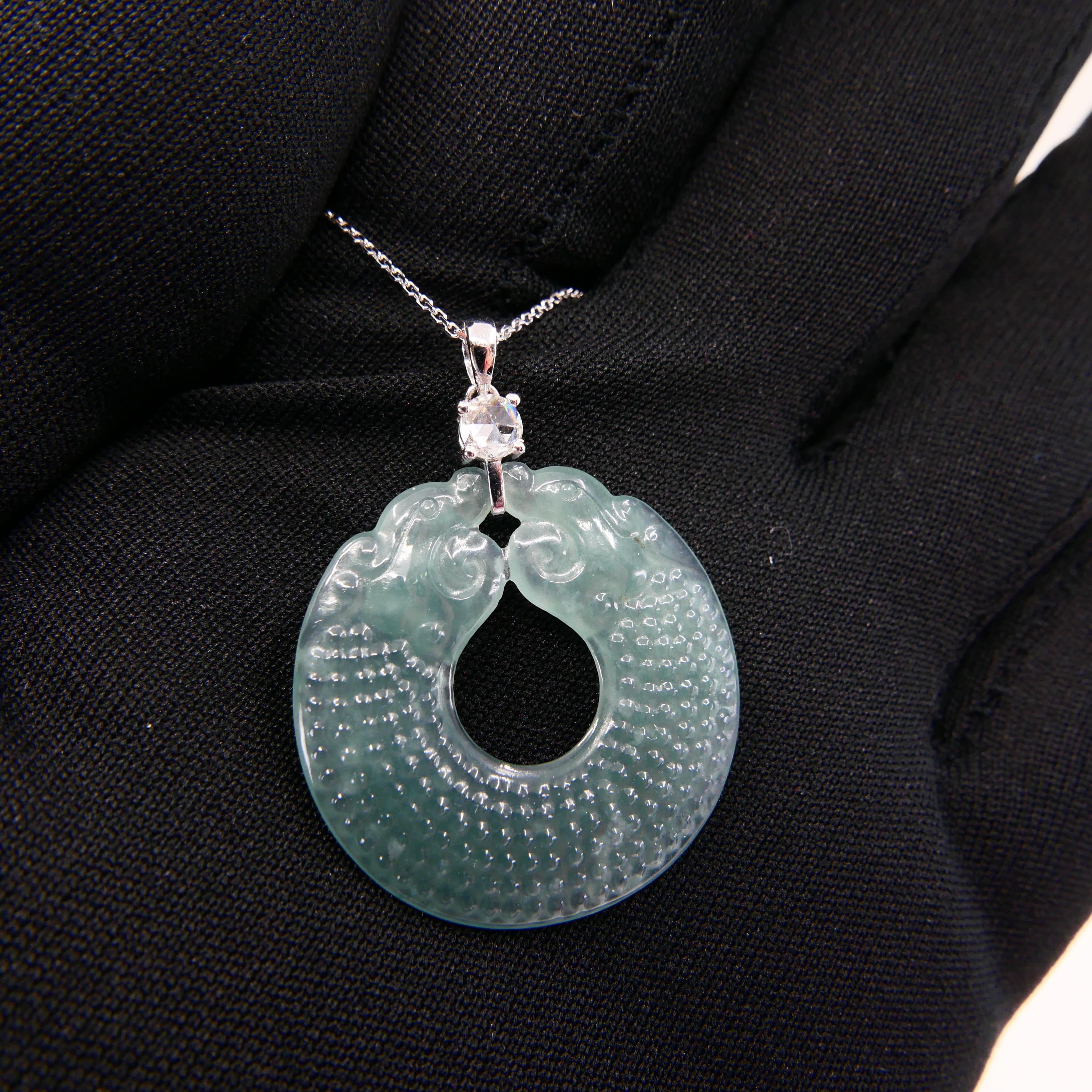 Certified Natural Type A Jadeite Jade Dragon Disc & Rose Cut Diamond Pendant For Sale 6