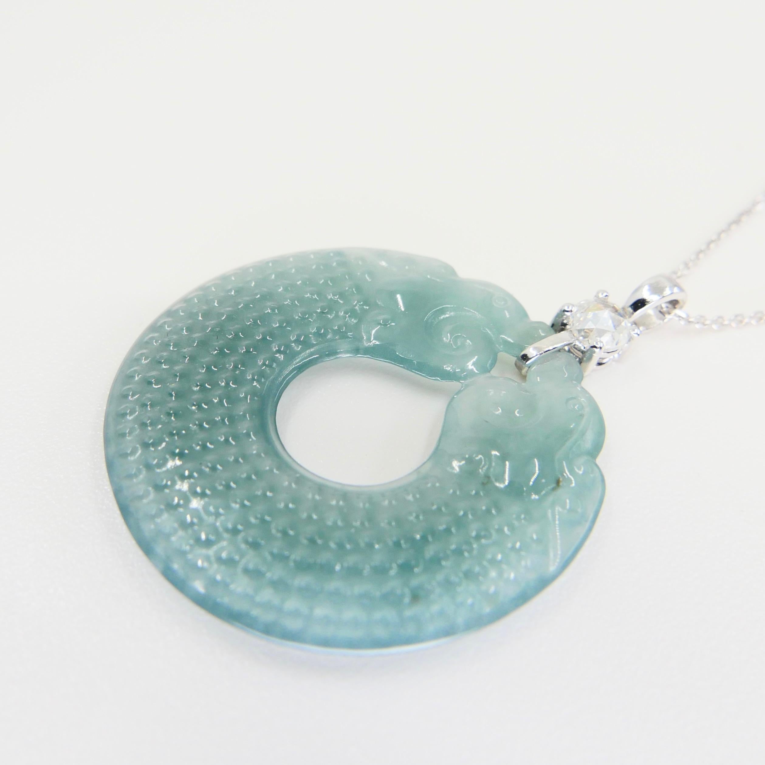Certified Natural Custom Cut Jade Dragon Disc & Rose Cut Diamond Pendant. For Sale 8