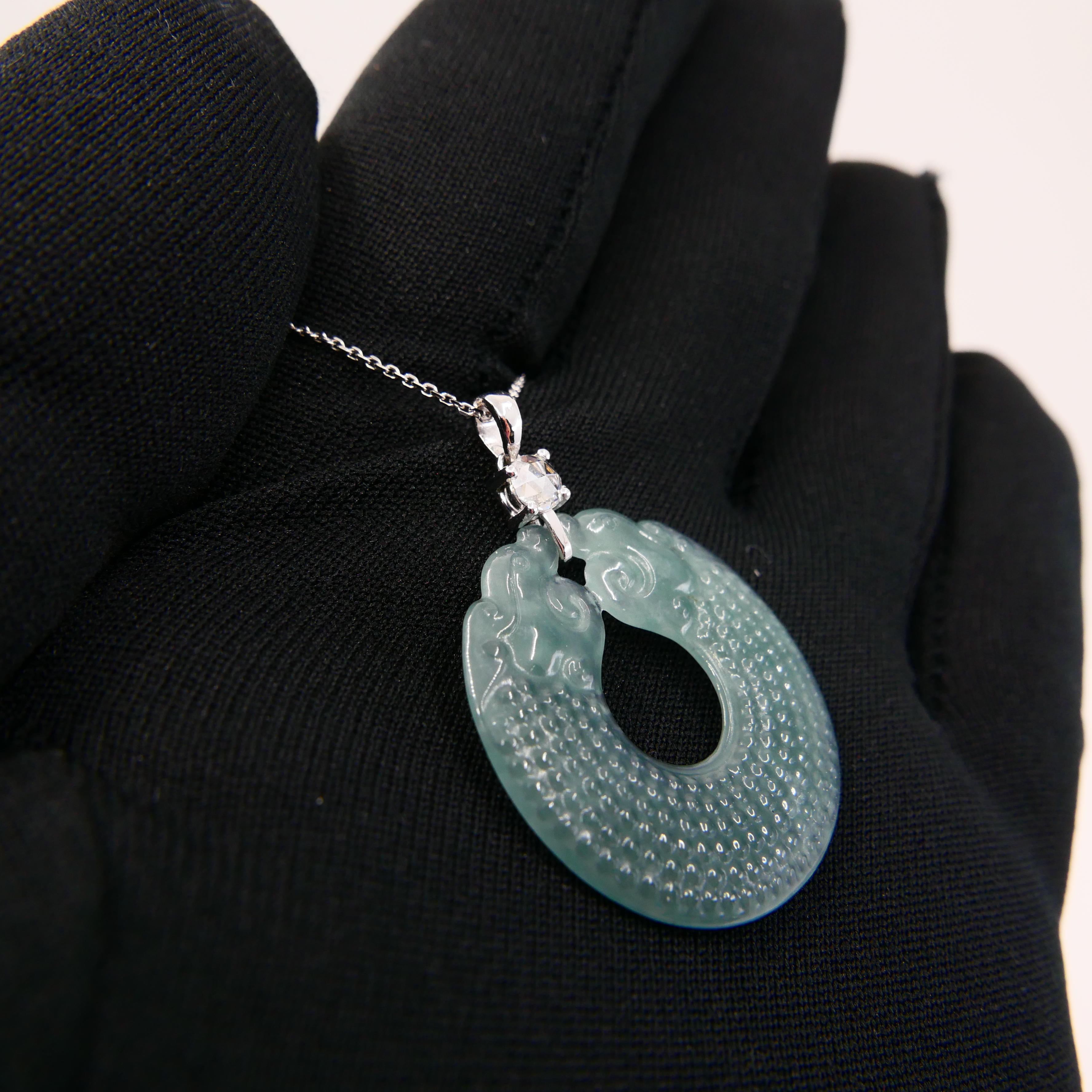 Rough Cut Certified Natural Custom Cut Jade Dragon Disc & Rose Cut Diamond Pendant. For Sale