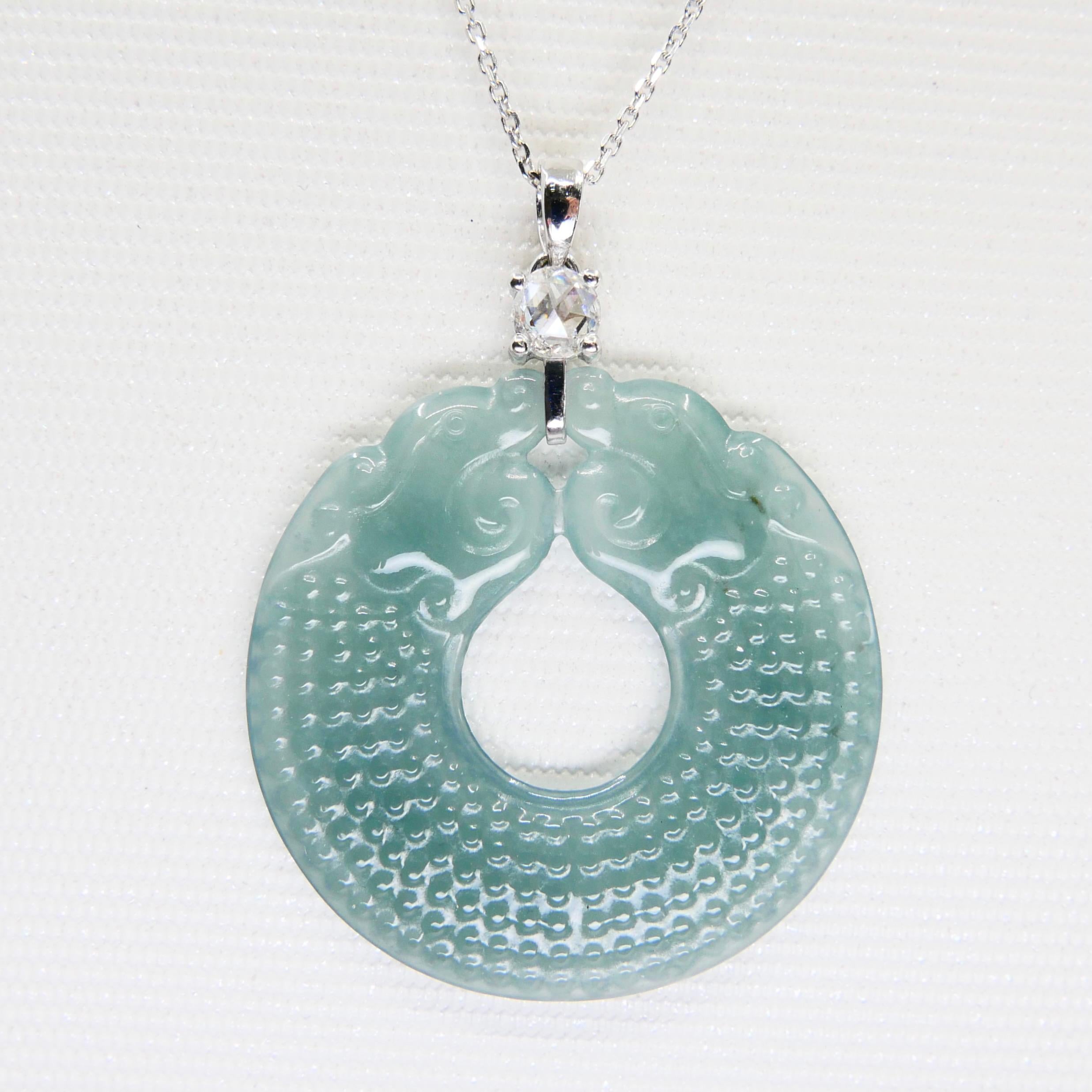 Certified Natural Type A Jadeite Jade Dragon Disc & Rose Cut Diamond Pendant In New Condition For Sale In Hong Kong, HK