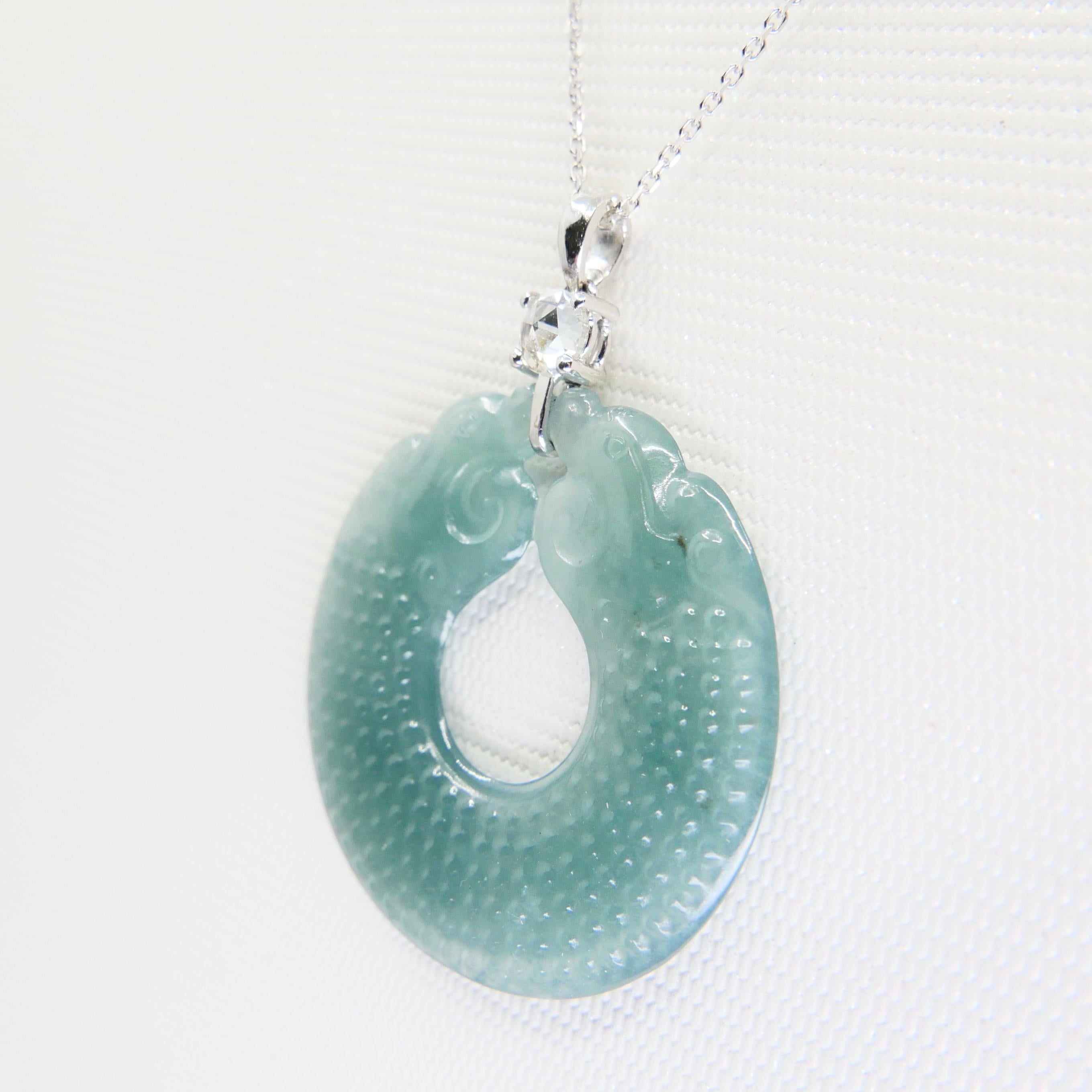 Women's Certified Natural Type A Jadeite Jade Dragon Disc & Rose Cut Diamond Pendant For Sale