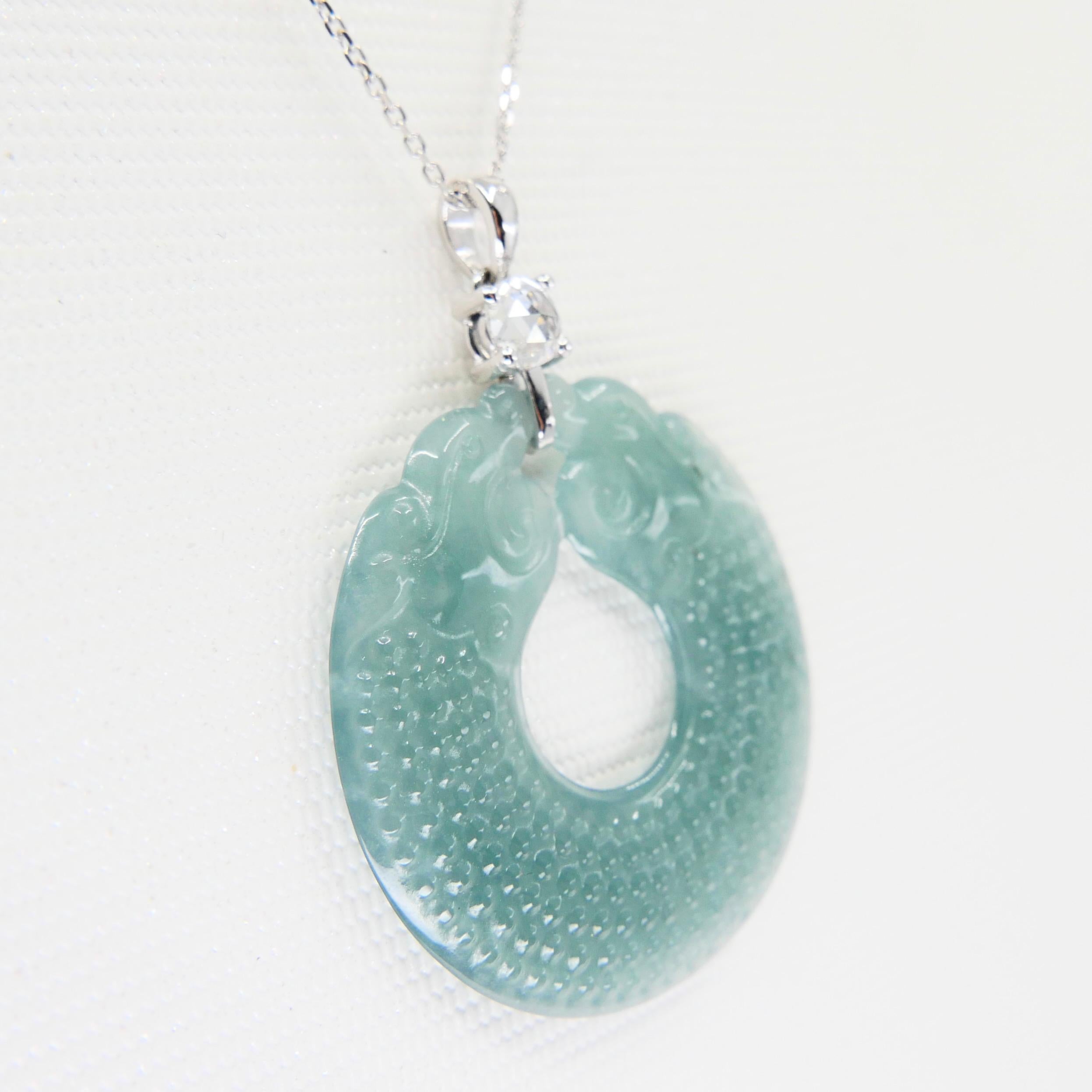 Certified Natural Type A Jadeite Jade Dragon Disc & Rose Cut Diamond Pendant For Sale 1