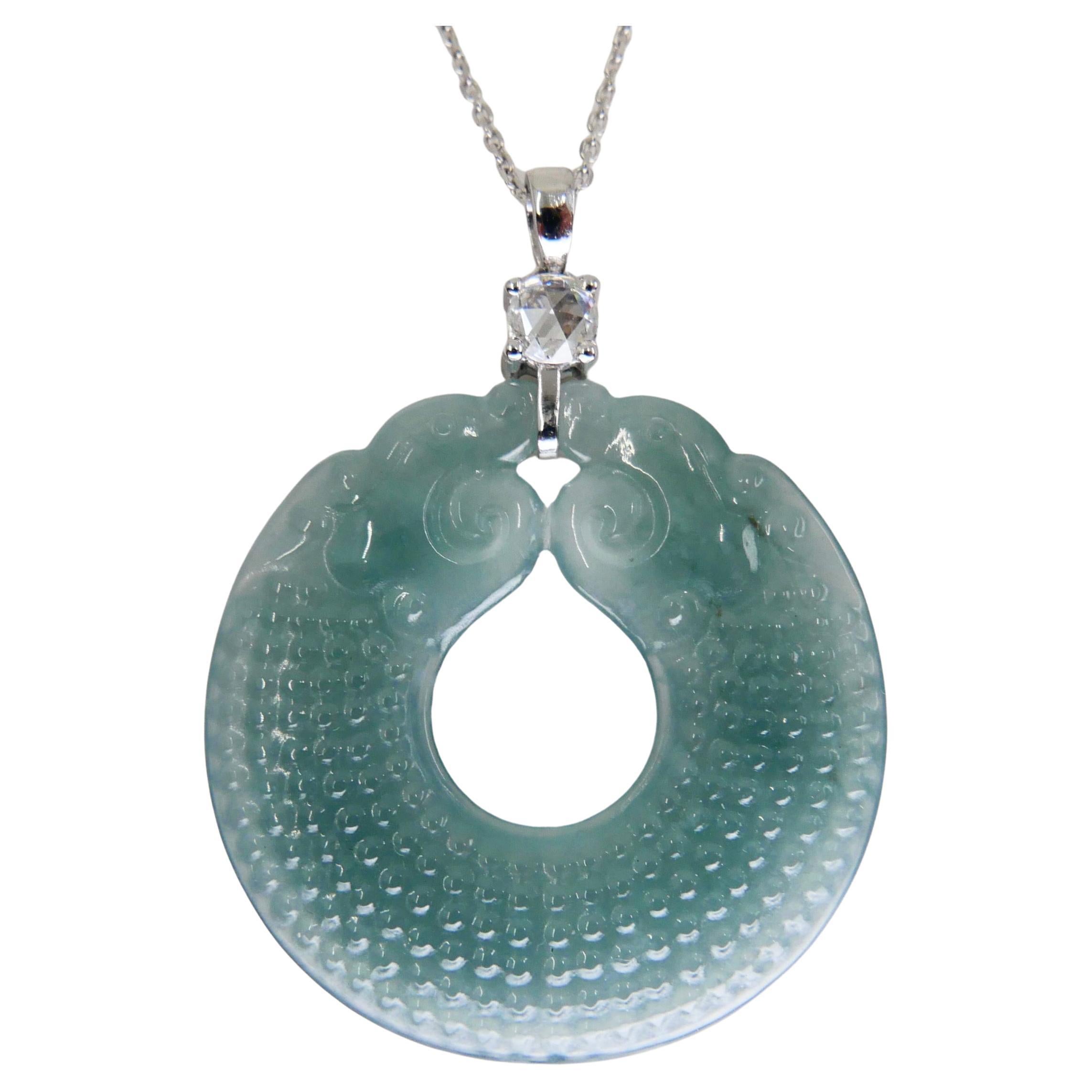 Certified Natural Type A Jadeite Jade Dragon Disc & Rose Cut Diamond Pendant For Sale