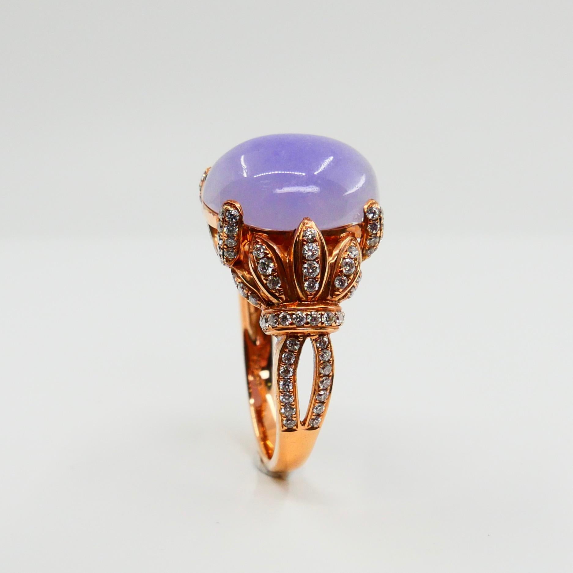 Certified Natural Type A Lavender Jadeite Jade Rose Gold Diamond Cocktail Ring For Sale 4