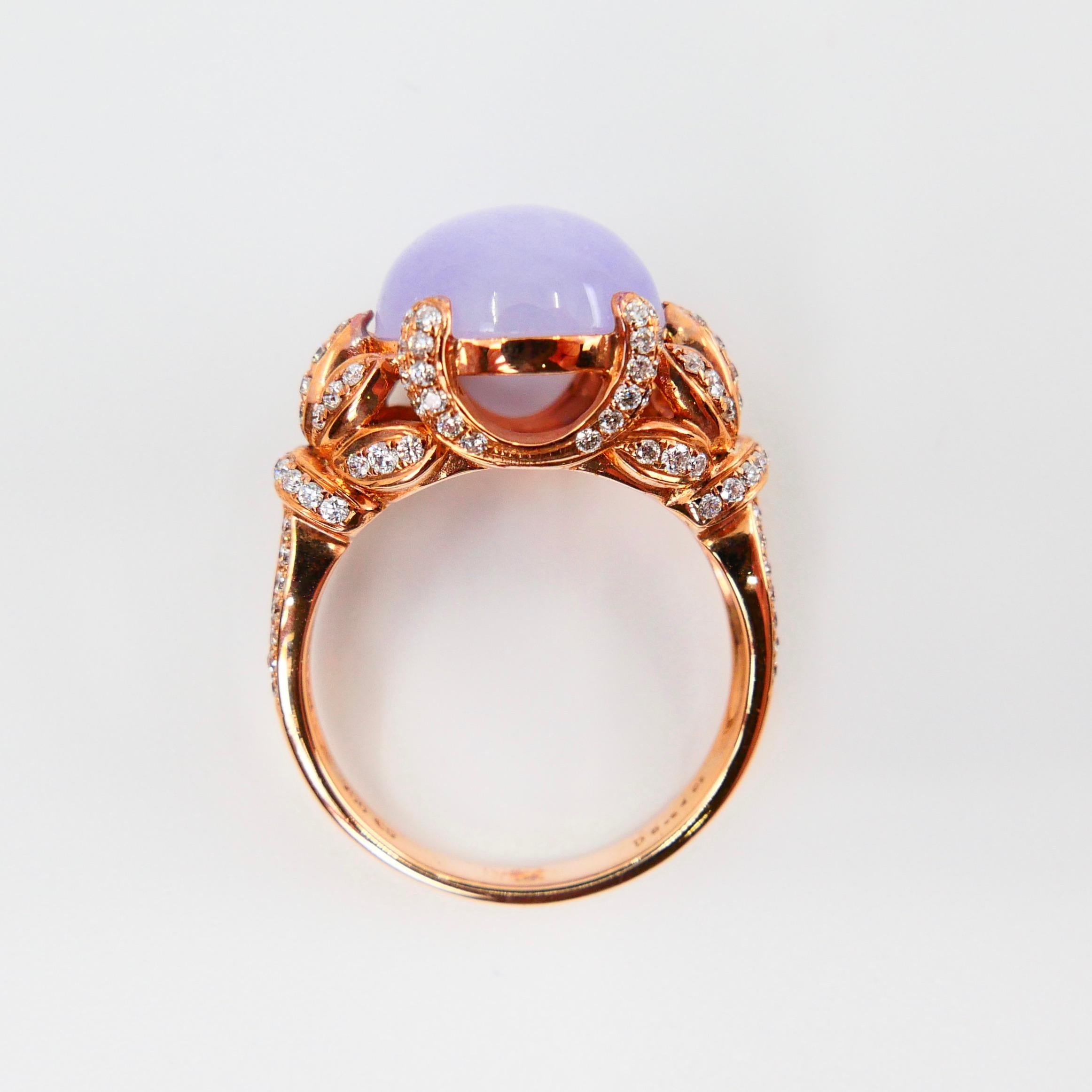 Certified Natural Type A Lavender Jadeite Jade Rose Gold Diamond Cocktail Ring For Sale 5