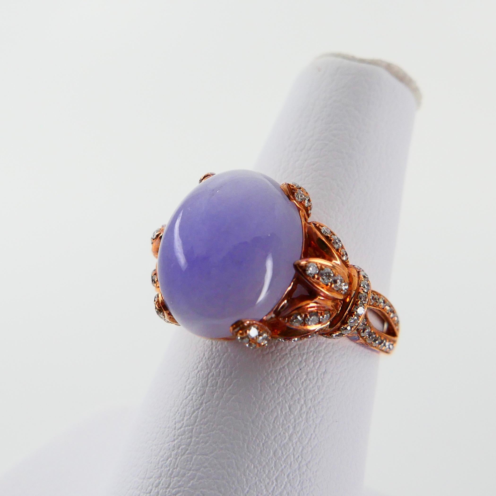 Certified Natural Type A Lavender Jadeite Jade Rose Gold Diamond Cocktail Ring For Sale 8