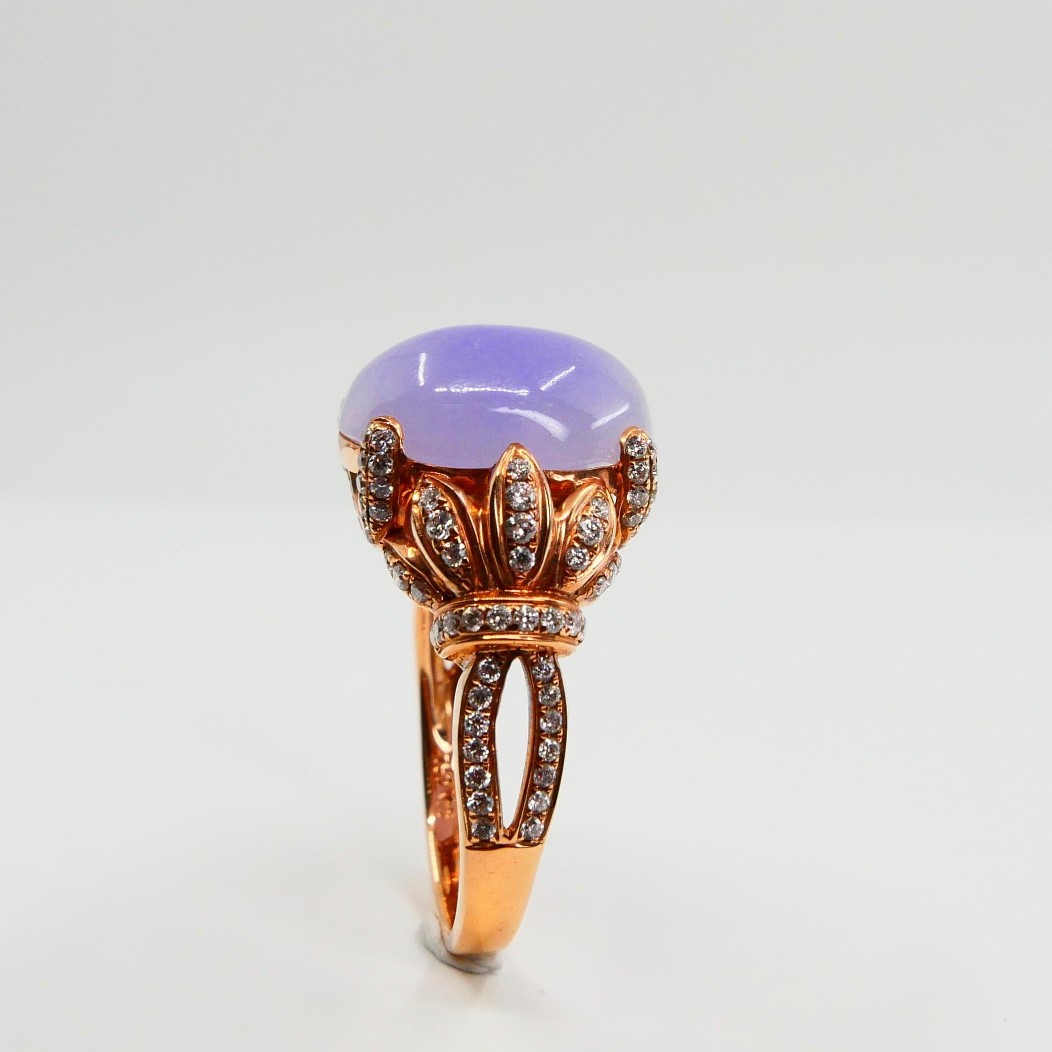 Certified Natural Type A Lavender Jadeite Jade Rose Gold Diamond Cocktail Ring For Sale 9