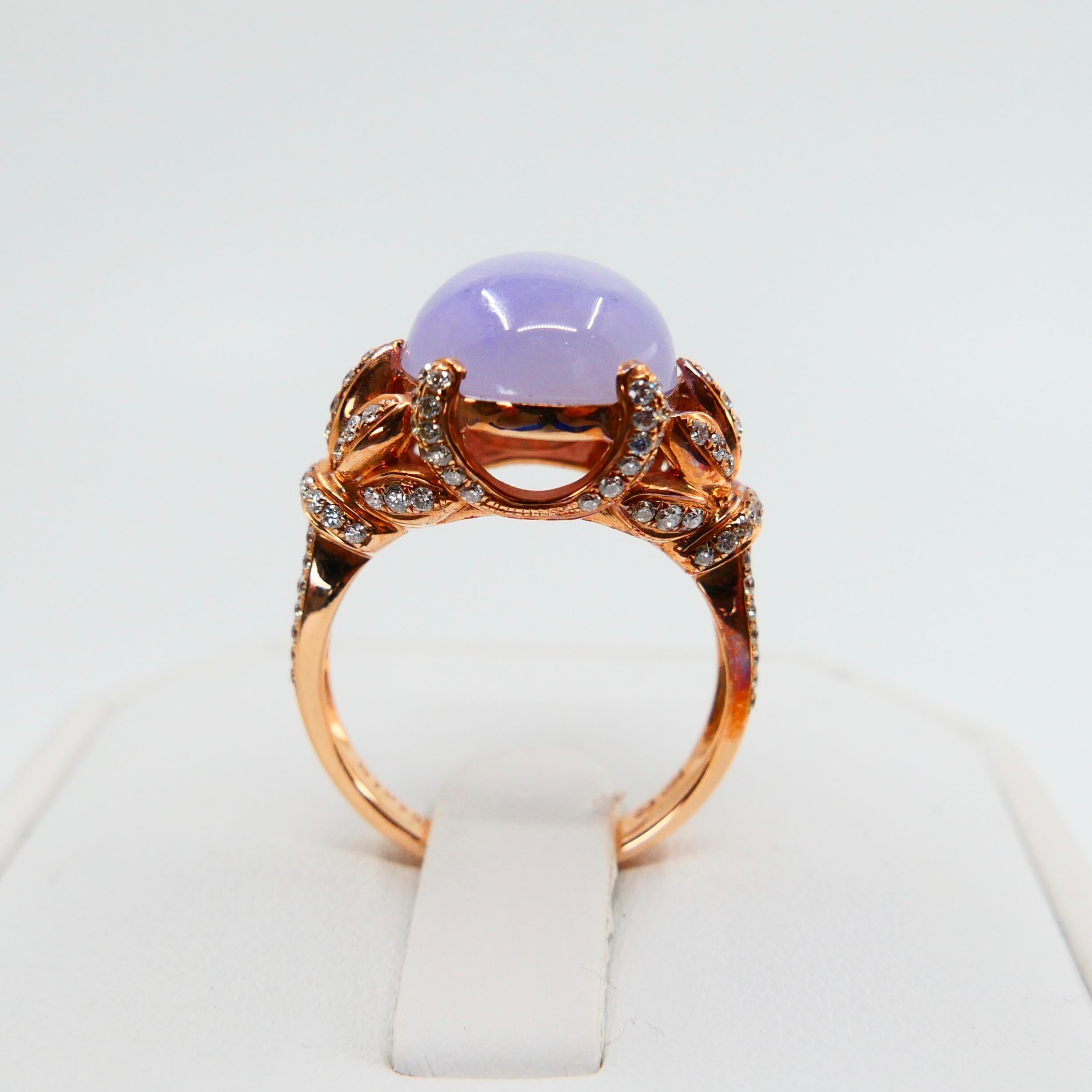 Certified Natural Type A Lavender Jadeite Jade Rose Gold Diamond Cocktail Ring For Sale 10