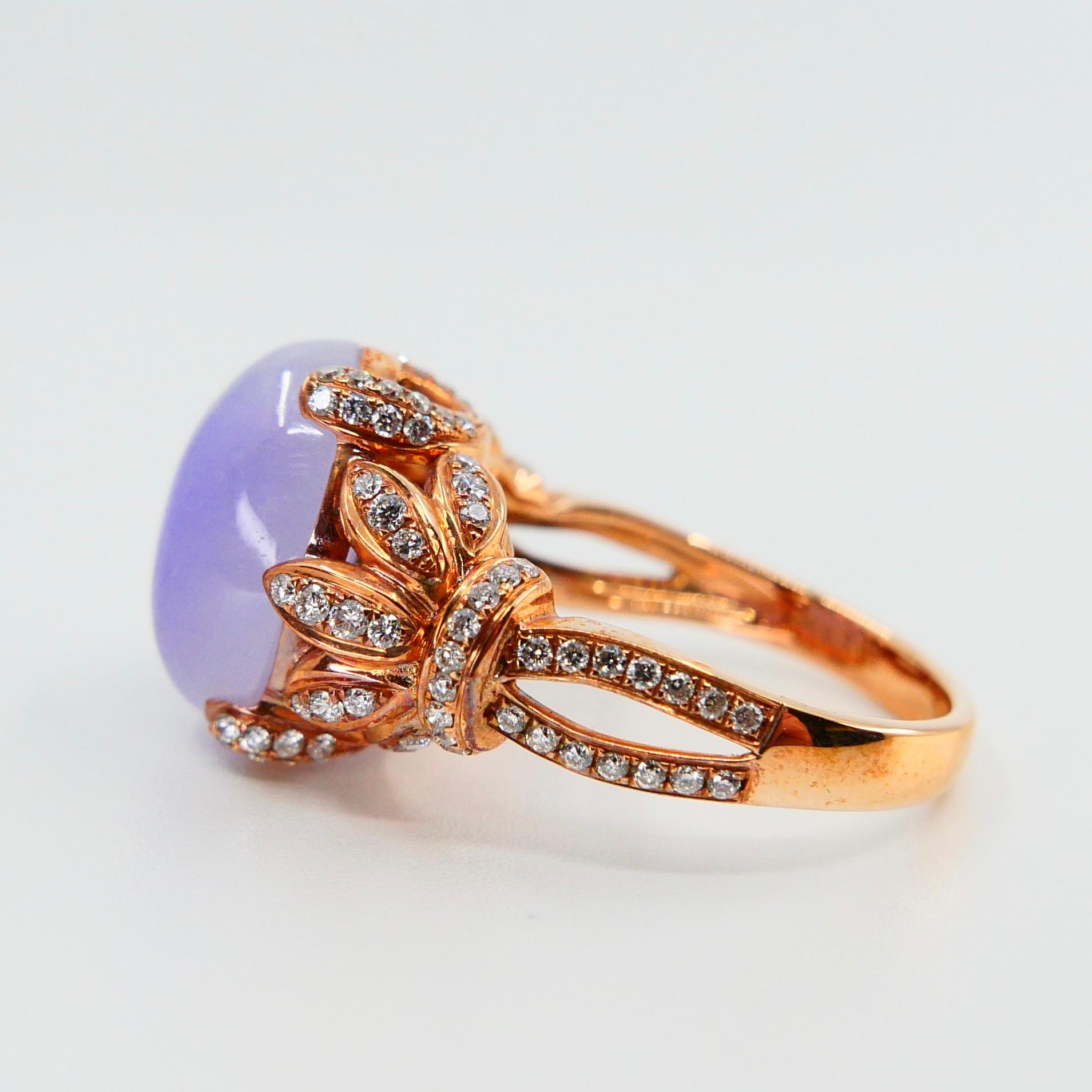 Contemporary Certified Natural Type A Lavender Jadeite Jade Rose Gold Diamond Cocktail Ring For Sale