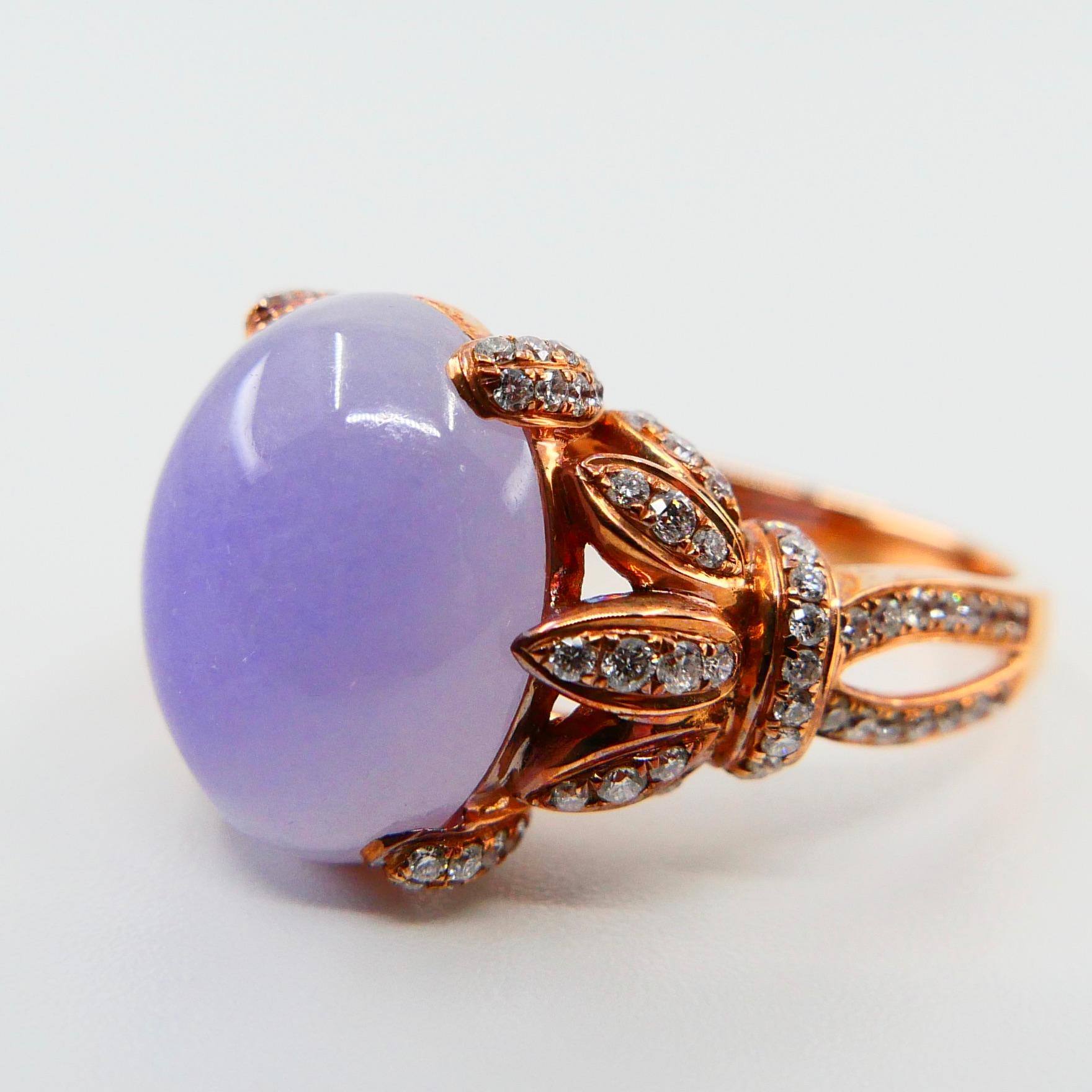 Cabochon Certified Natural Type A Lavender Jadeite Jade Rose Gold Diamond Cocktail Ring For Sale
