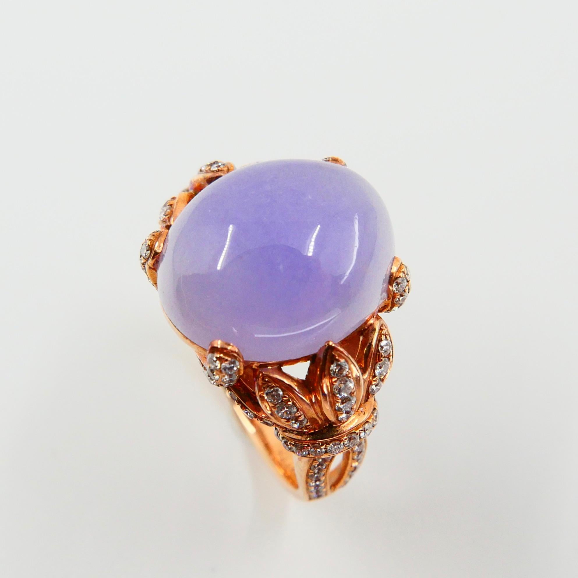 Certified Natural Type A Lavender Jadeite Jade Rose Gold Diamond Cocktail Ring In New Condition For Sale In Hong Kong, HK