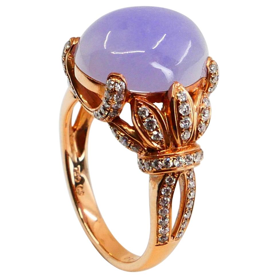 Certified Natural Type A Lavender Jadeite Jade Rose Gold Diamond Cocktail Ring For Sale