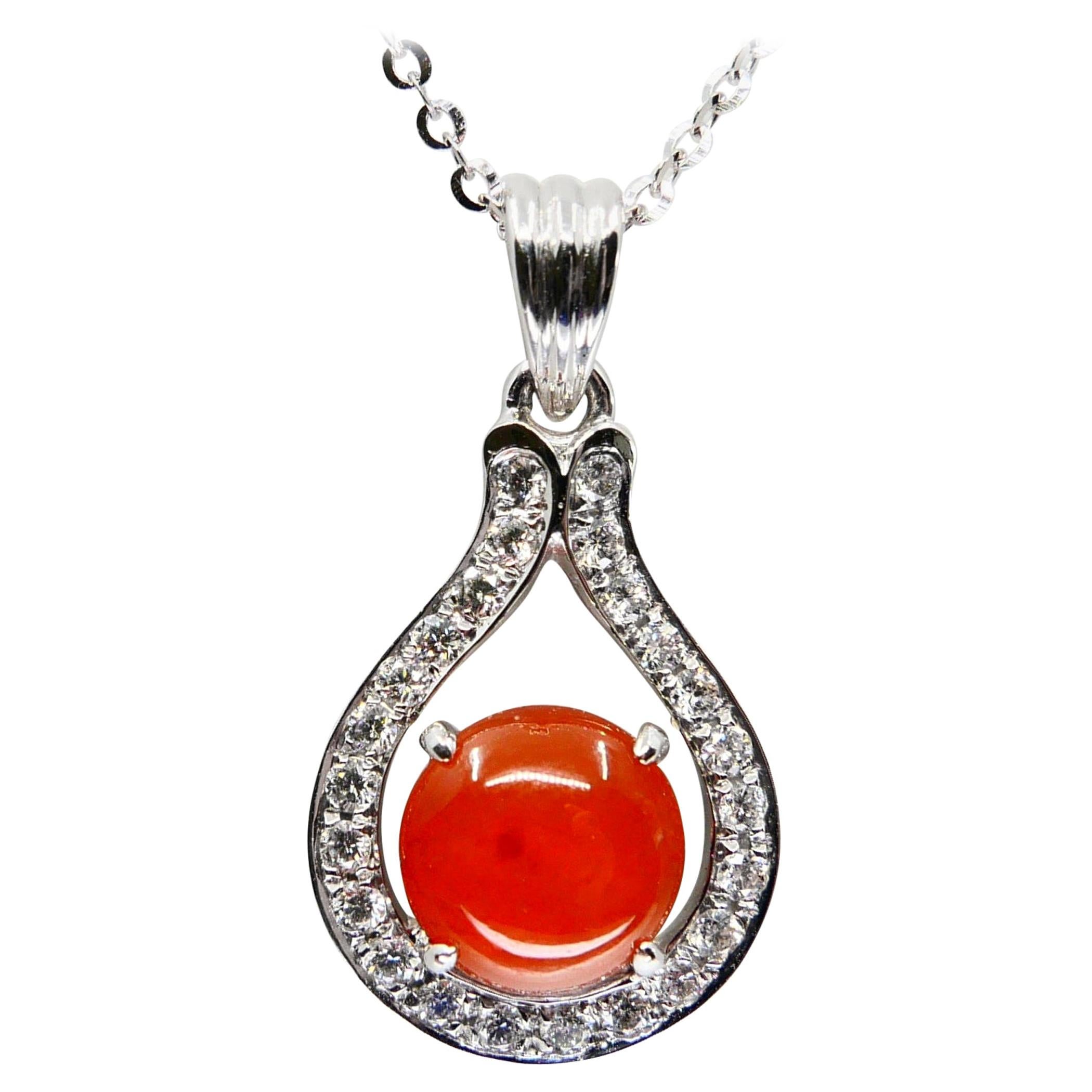 Certified Natural Type a Red Jade and Diamond Pendant Necklace, Lucky Horseshoe For Sale