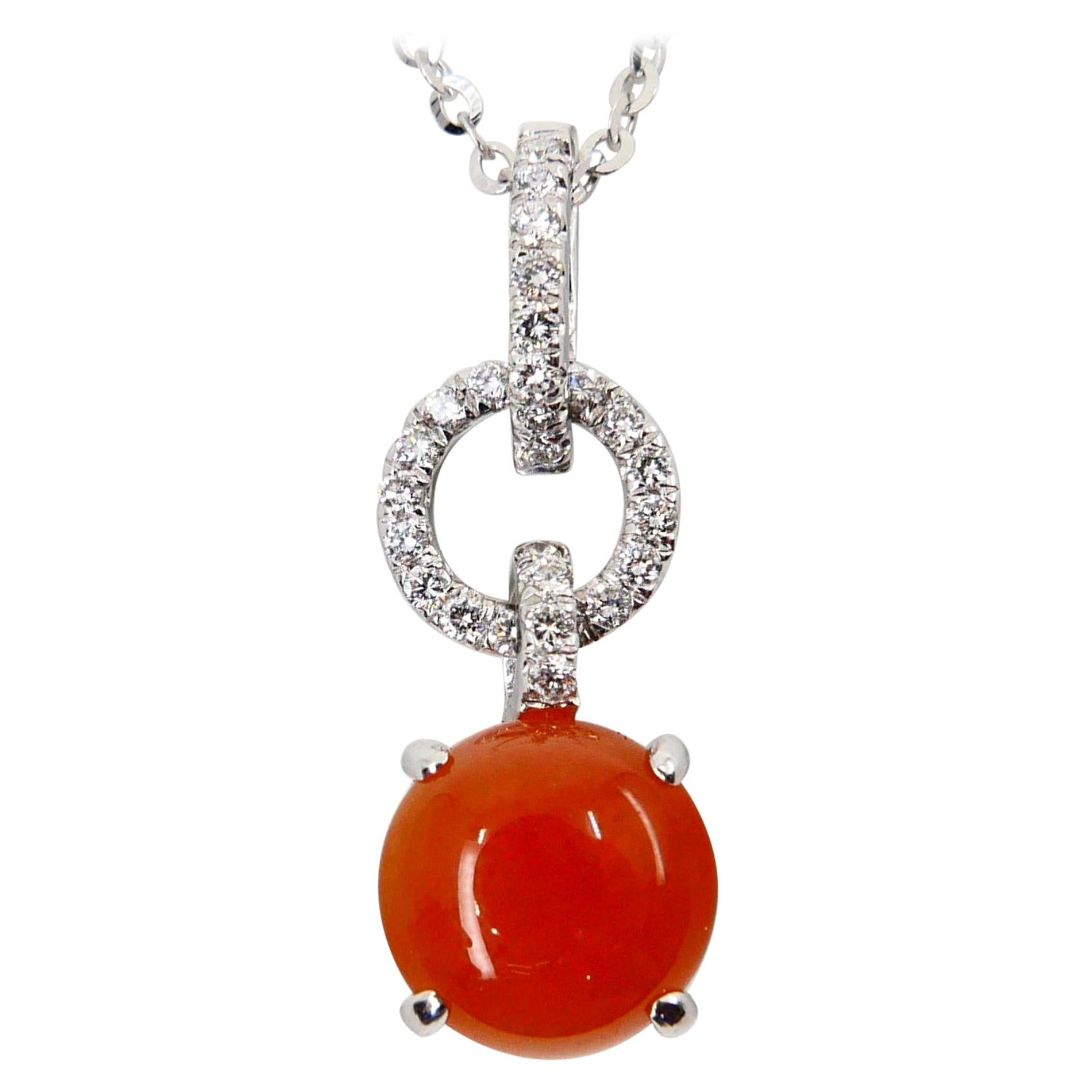 Certified Natural Type a Red Jade & Diamond Pendant Necklace, Interlinked Hoops