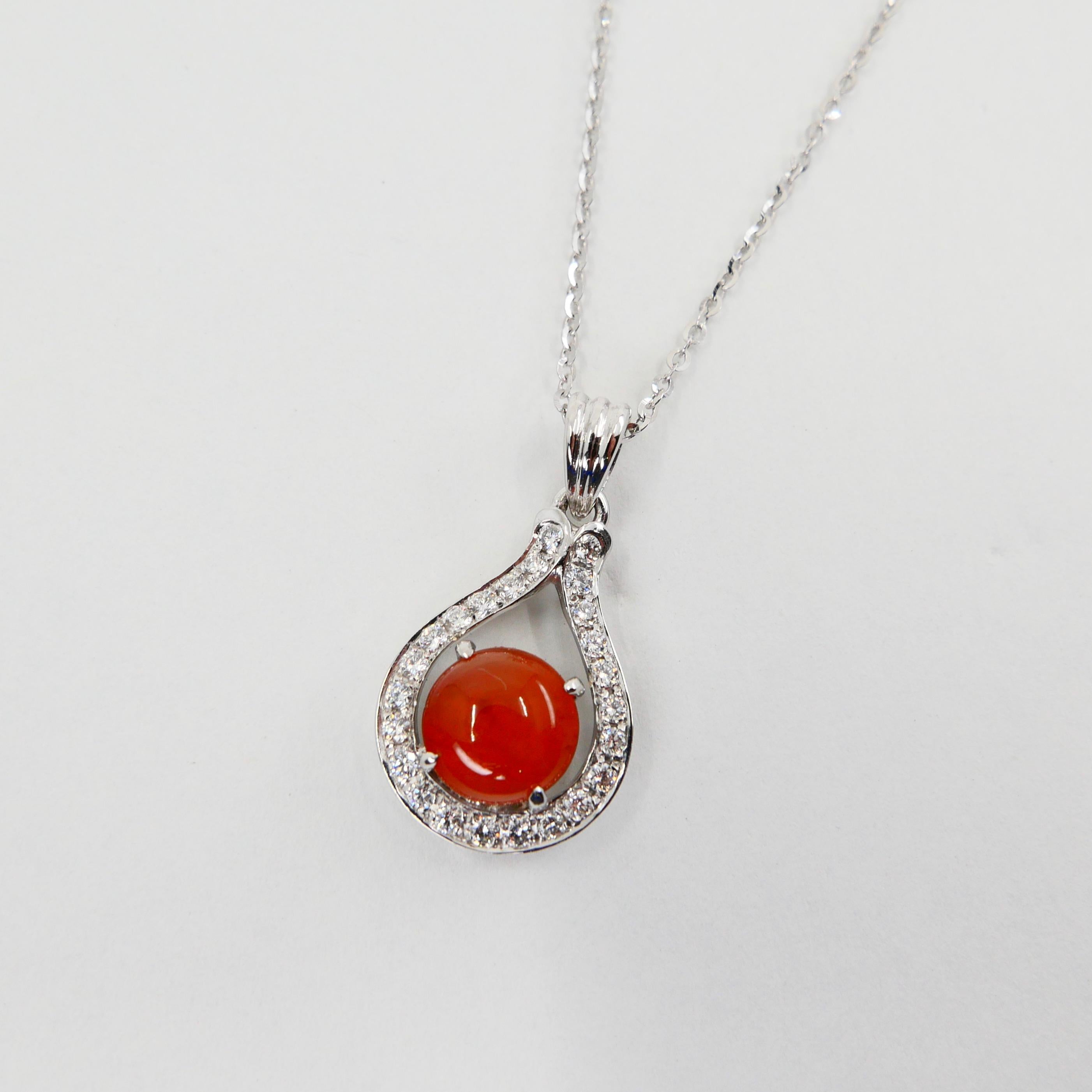 Round Cut Certified Natural Type a Red Jade and Diamond Pendant Necklace, Lucky Horseshoe For Sale