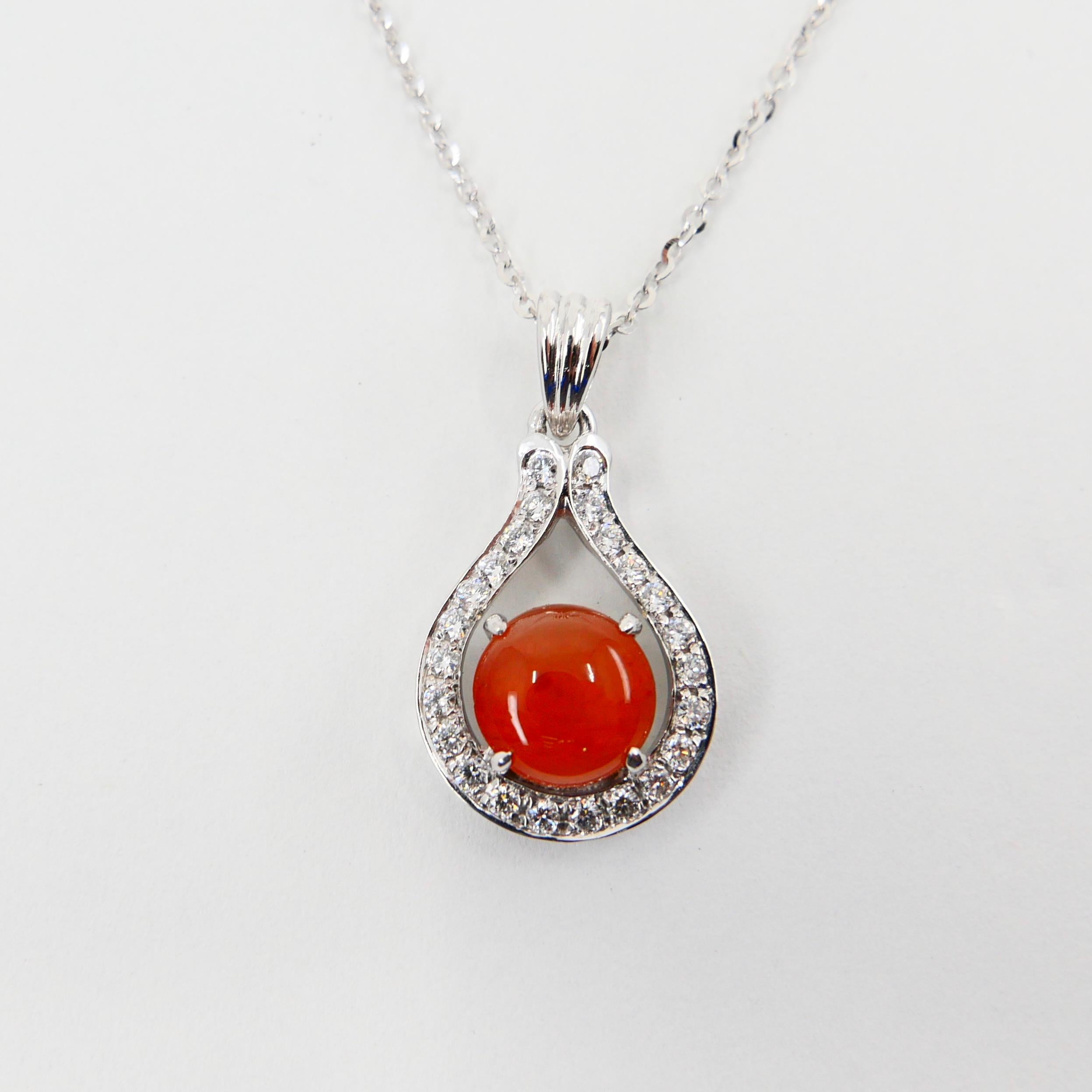 Women's Certified Natural Type a Red Jade and Diamond Pendant Necklace, Lucky Horseshoe For Sale