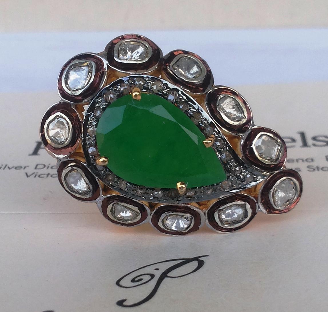 Beautiful natural diamond green onyx sterling silver gold plated ring consists of-

-Diamond- uncut diamonds

- Diamond type- natural (certified)

-Diamond color- white with tint of yellow

-Diamond weight- 2.90ctw

-Metal- 925 Sterling