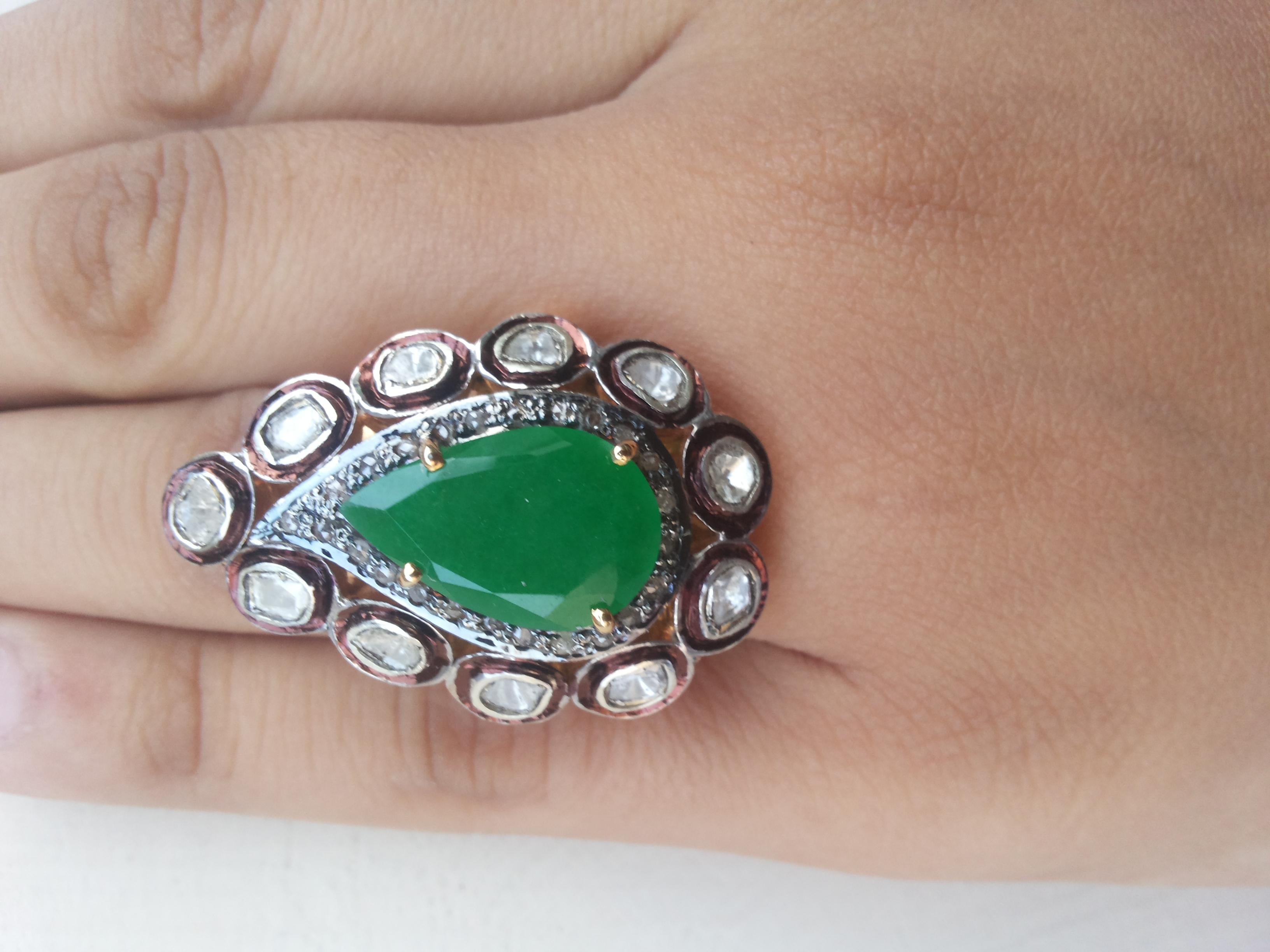Contemporary Certified natural uncut Diamond Ring green onyx sterling silver statement Ring For Sale