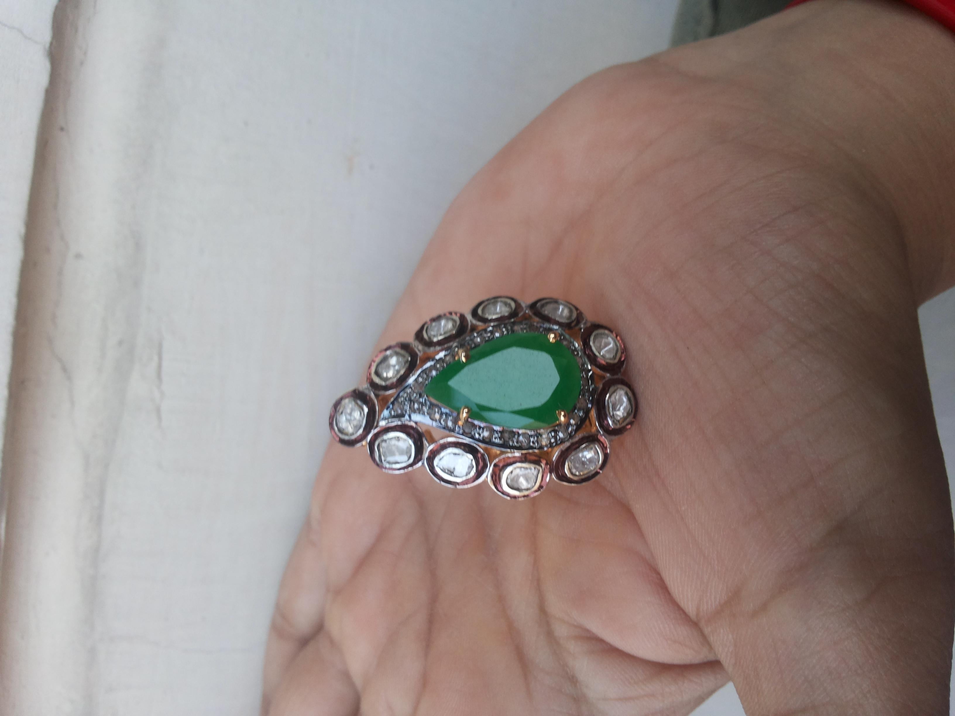 Uncut Certified natural uncut Diamond Ring green onyx sterling silver statement Ring For Sale