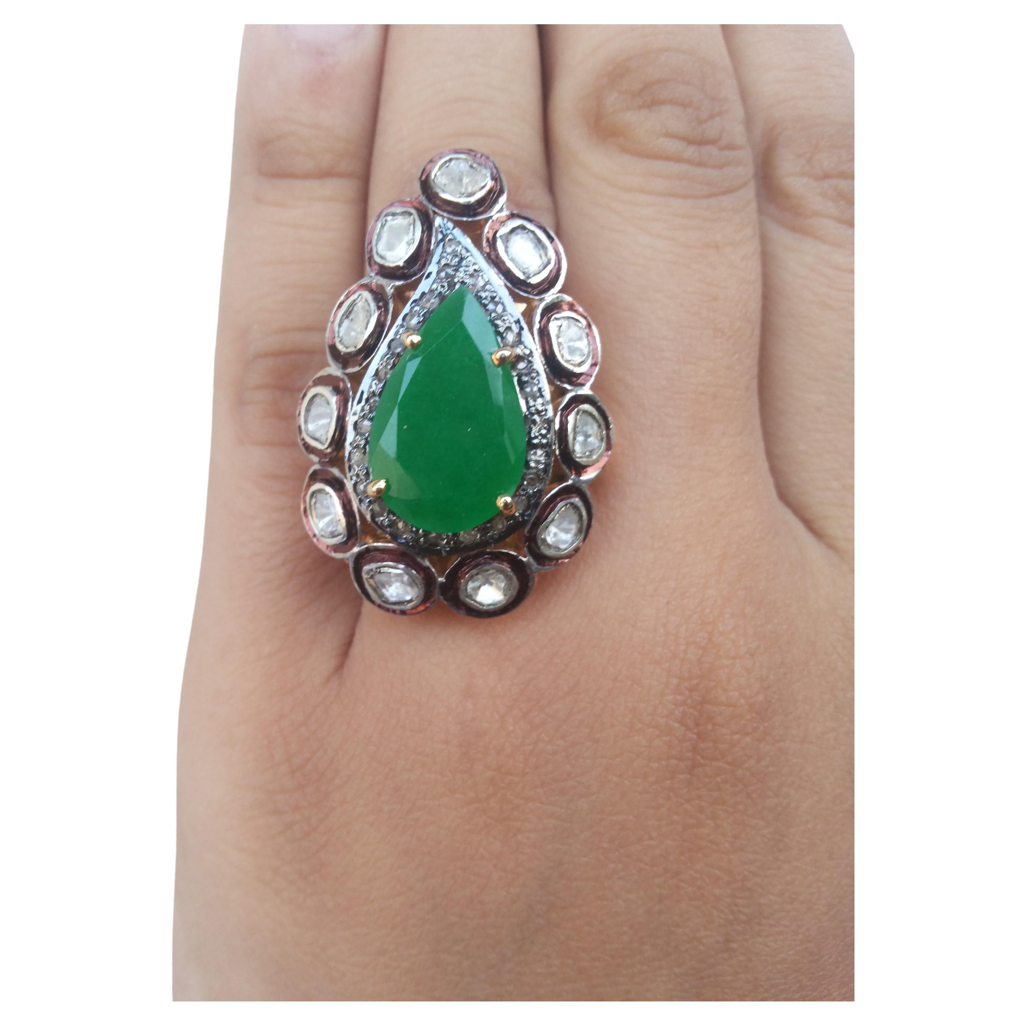 Bague fantaisie en argent sterling avec diamant naturel non taillé certifié et onyx vert en vente