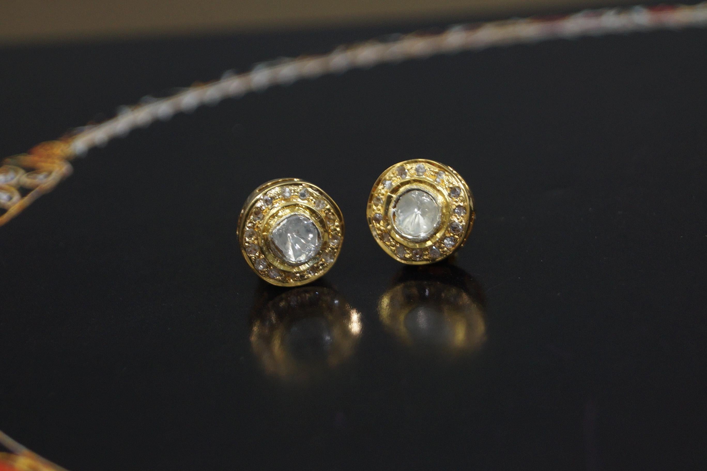 Modern Certified natural Uncut Diamond sterling silver gold plated Halo Stud Earrings For Sale