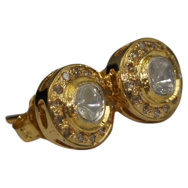 Certified natural Uncut Diamond sterling silver gold plated Halo Stud Earrings