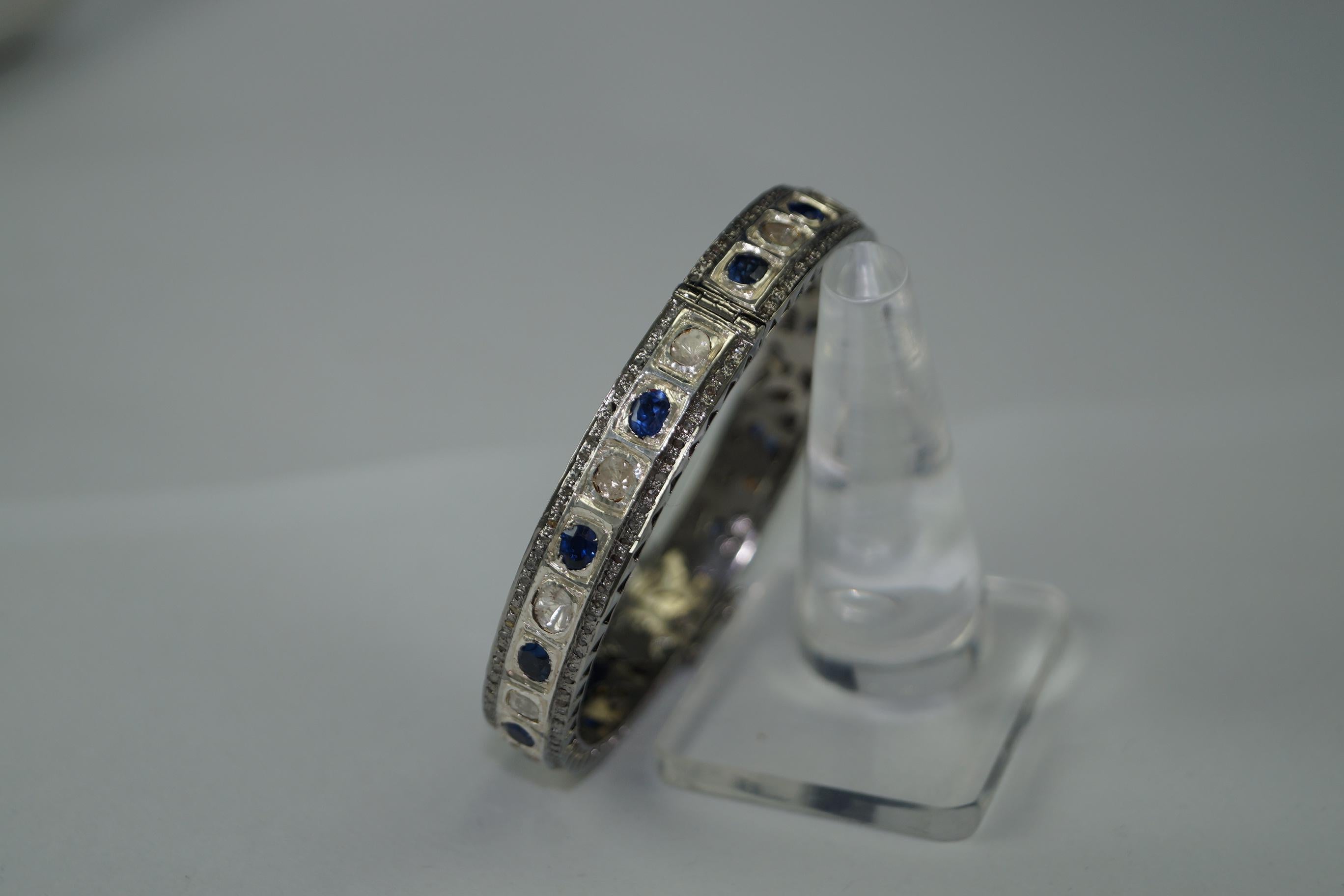 Art Nouveau Certified natural uncut Diamonds blue sapphire oxidized sterling silver bracelet For Sale
