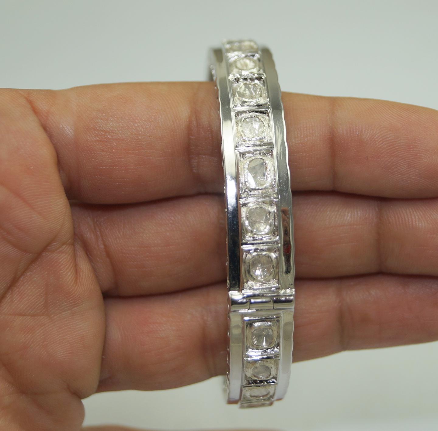 Art Nouveau Certified natural uncut Diamonds shiny sterling silver hinged bracelet For Sale