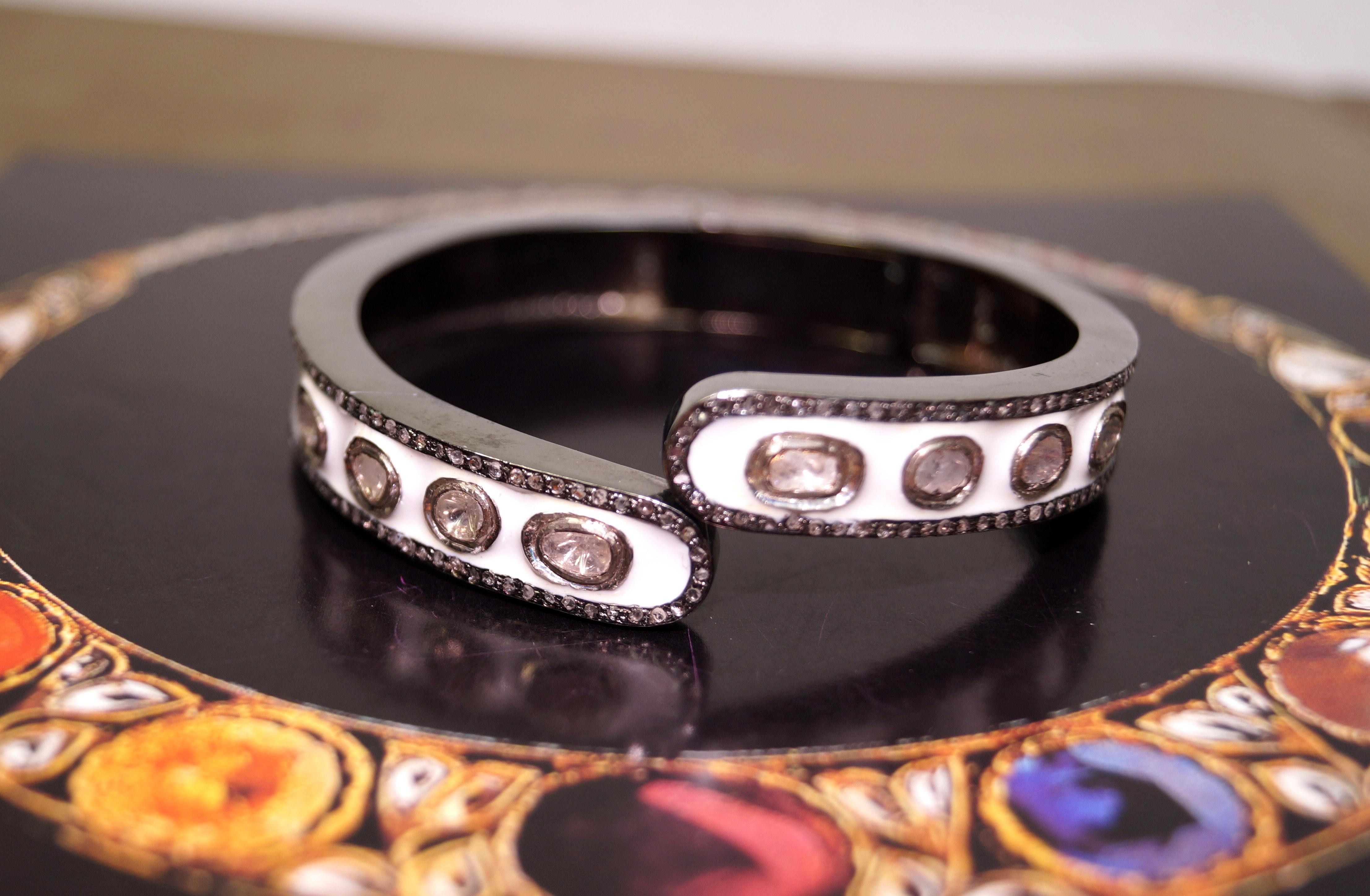 Art Nouveau Certified natural uncut Diamonds white enamel sterling silver designer bracelet For Sale
