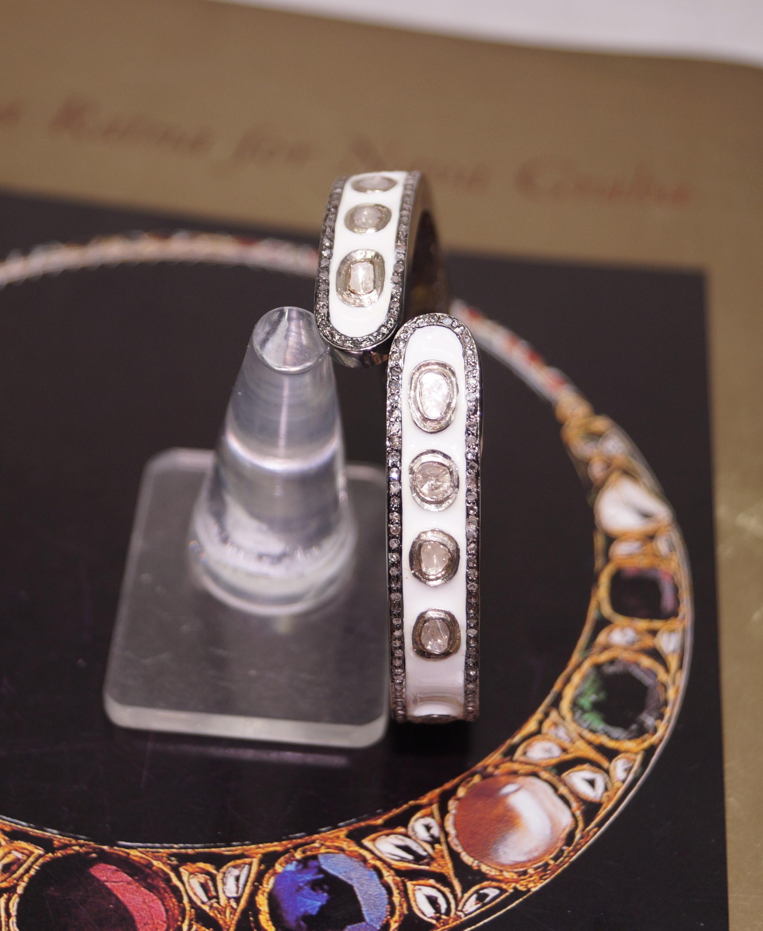 Women's or Men's Certified natural uncut Diamonds white enamel sterling silver designer bracelet For Sale