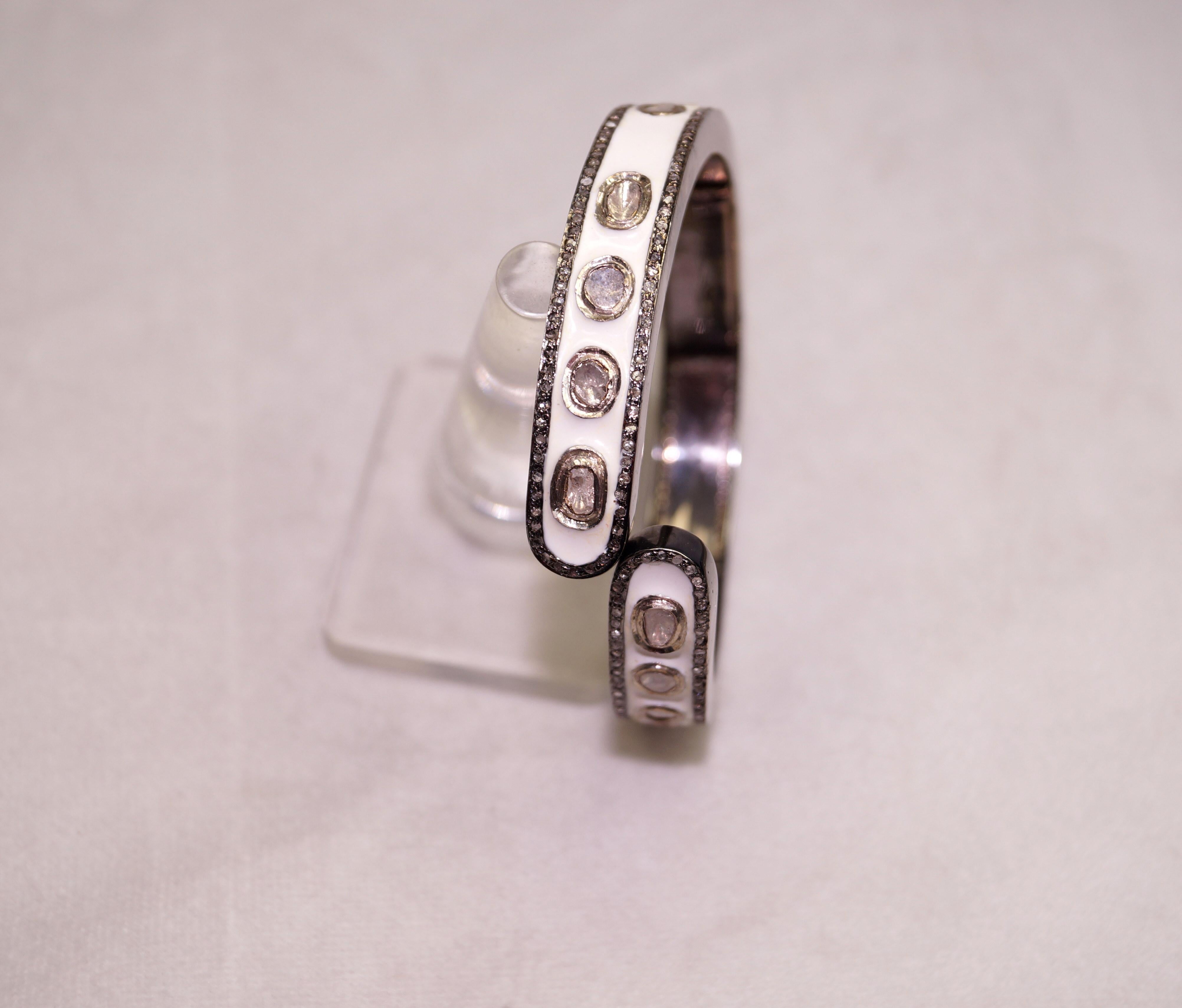 Certified natural uncut Diamonds white enamel sterling silver designer bracelet For Sale 1