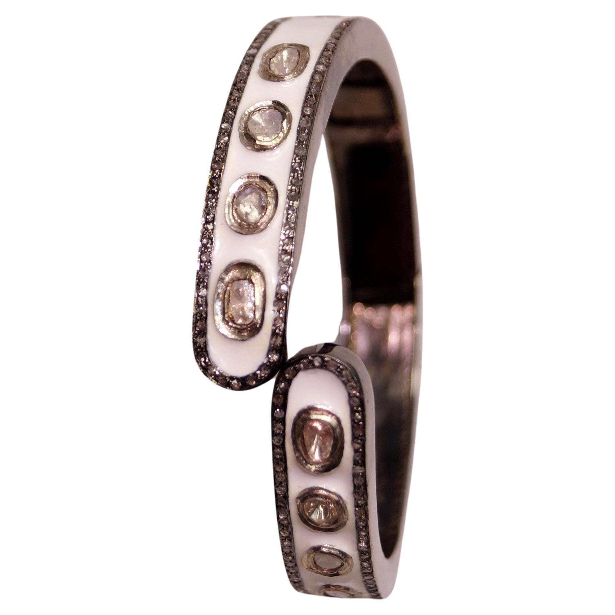 Certified natural uncut Diamonds white enamel sterling silver designer bracelet For Sale