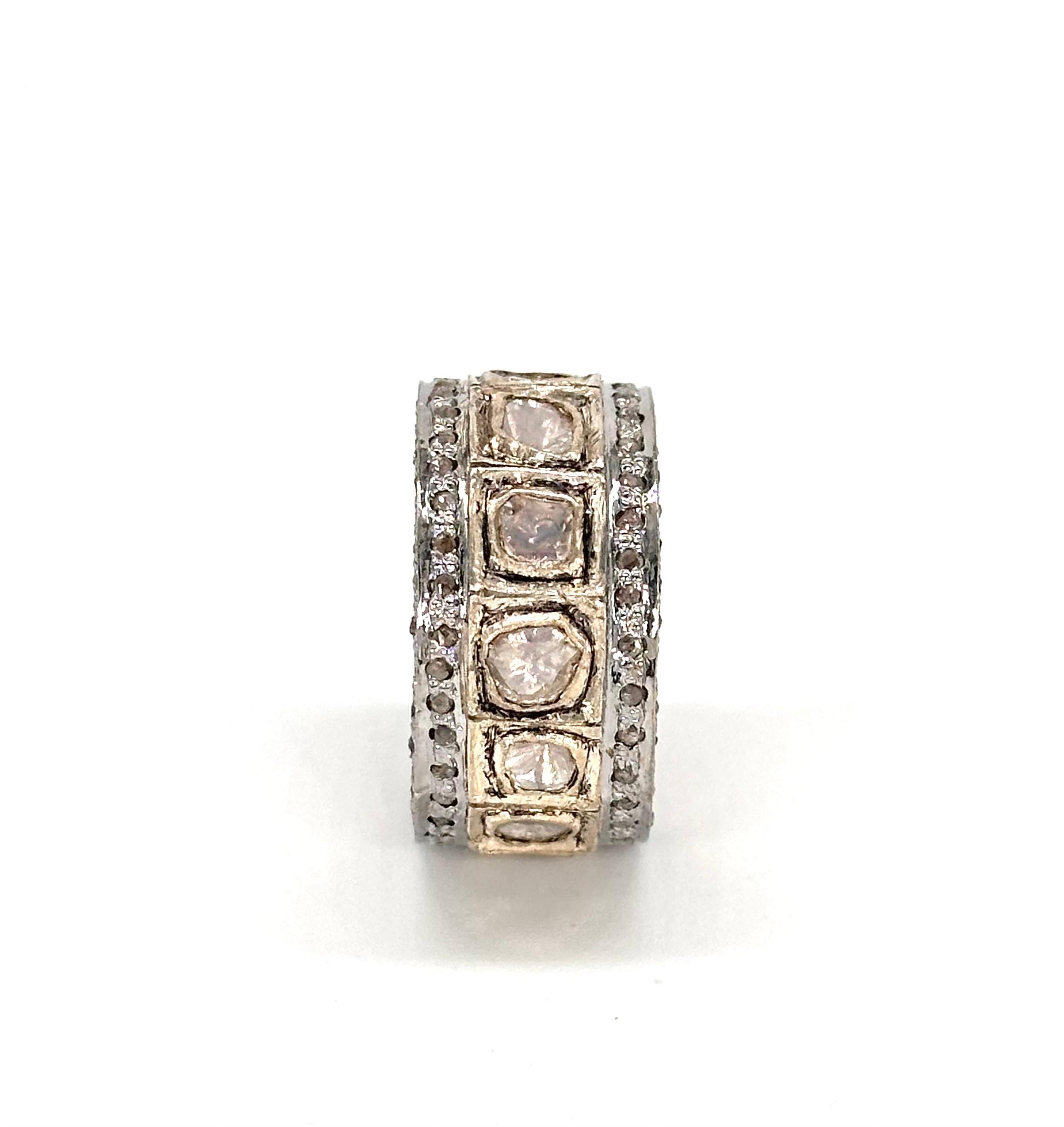 Contemporary Certified Natural uncut rose cut Diamond 925 silver eternity ring band