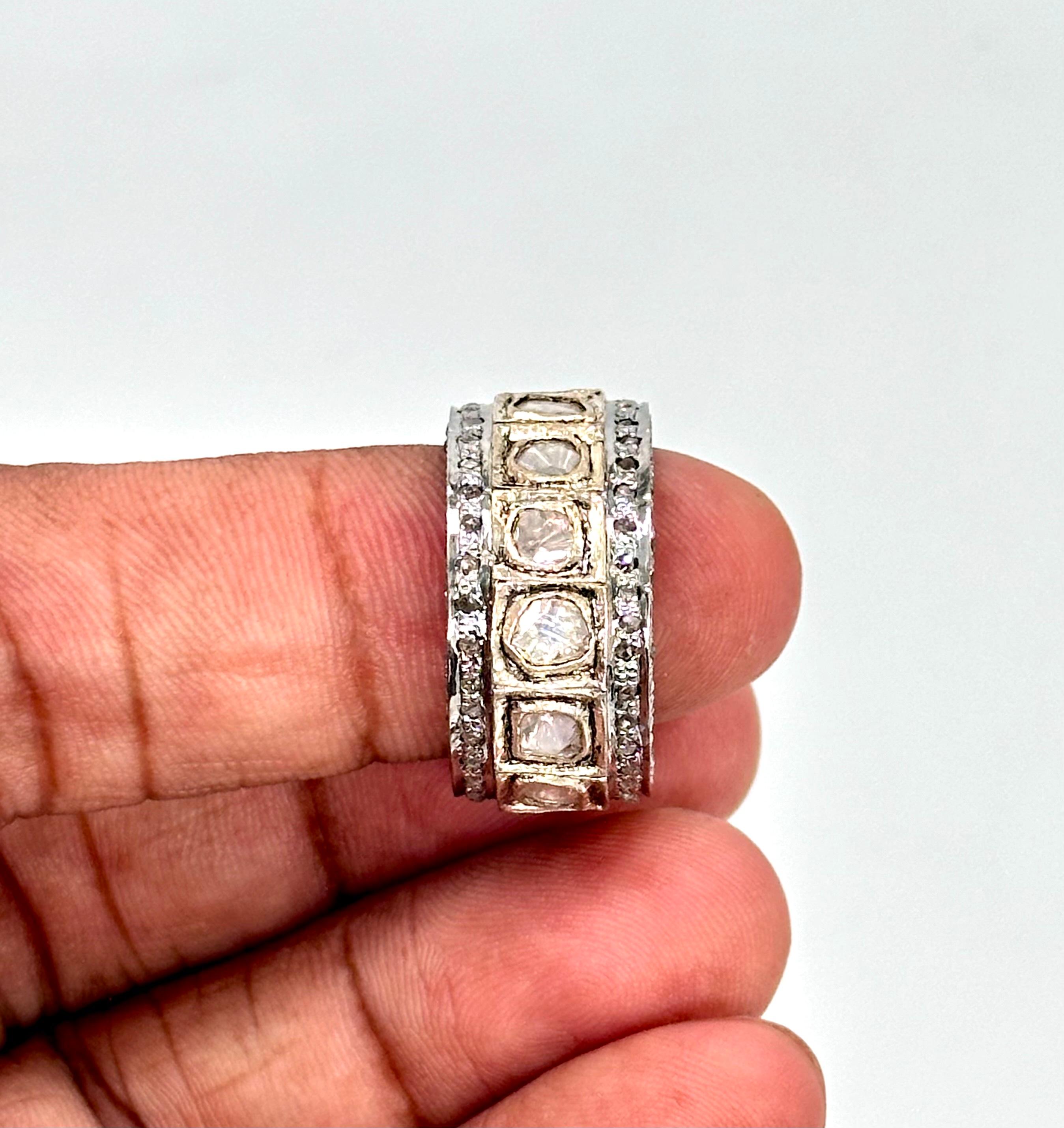 Women's Certified Natural uncut rose cut Diamond 925 silver eternity ring band
