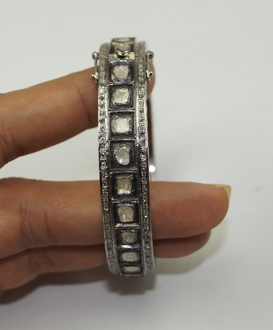 Uncut Certified natural uncut rose cut Diamonds oxidized sterling silver bracelet For Sale