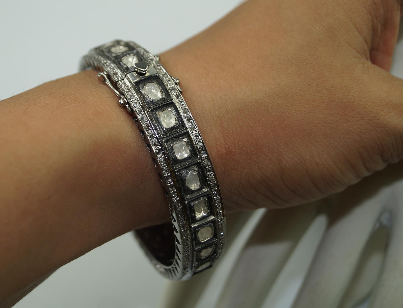 Women's or Men's Certified natural uncut rose cut Diamonds oxidized sterling silver bracelet For Sale