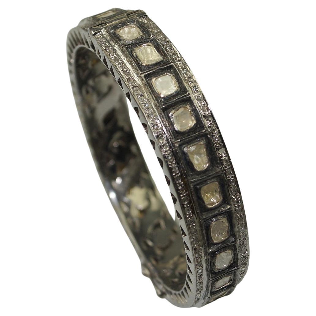 Certified natural uncut rose cut Diamonds oxidized sterling silver bracelet For Sale