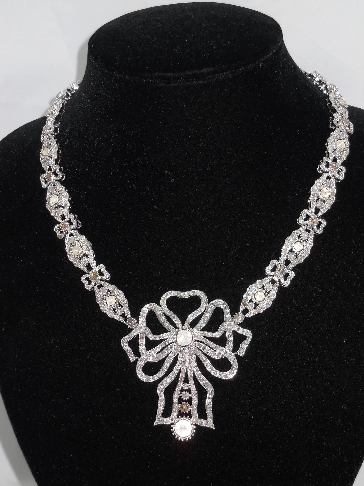 Women's Certified Natural Uncut rose cut Diamonds Sterling silver ribbon bow necklace For Sale