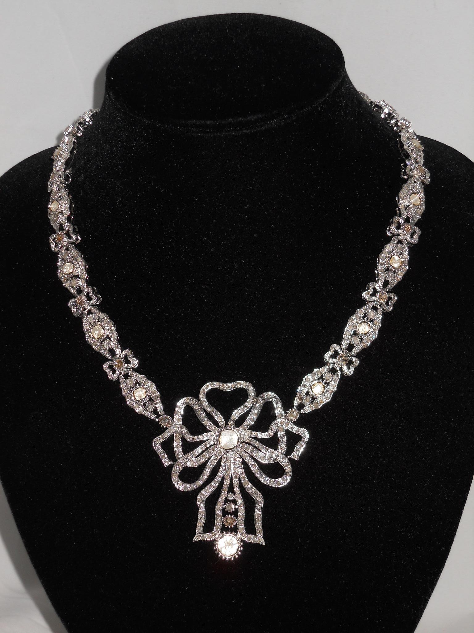 Certified Natural Uncut rose cut Diamonds Sterling silver ribbon bow necklace For Sale 2